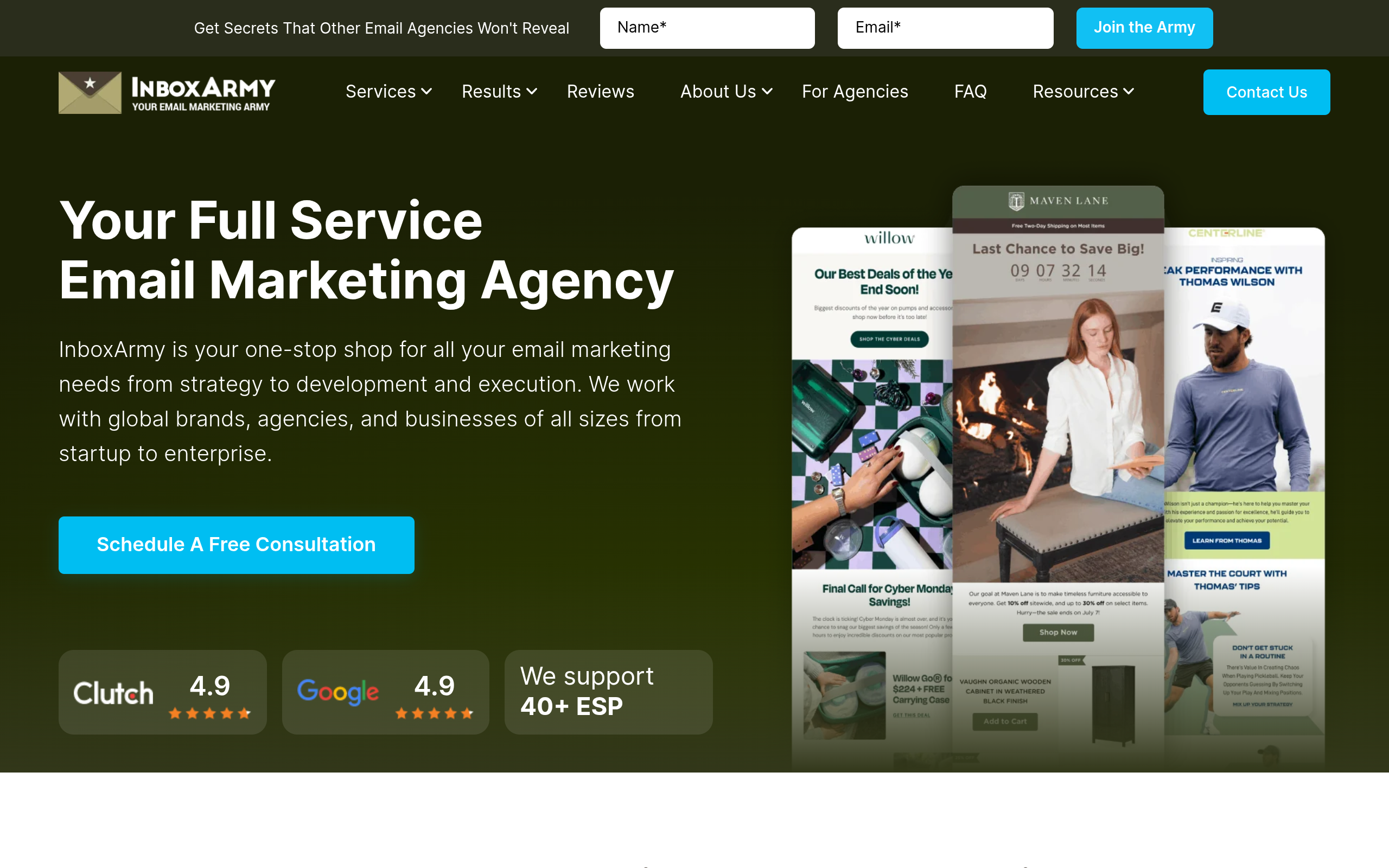Screenshot of the InboxArmy homepage