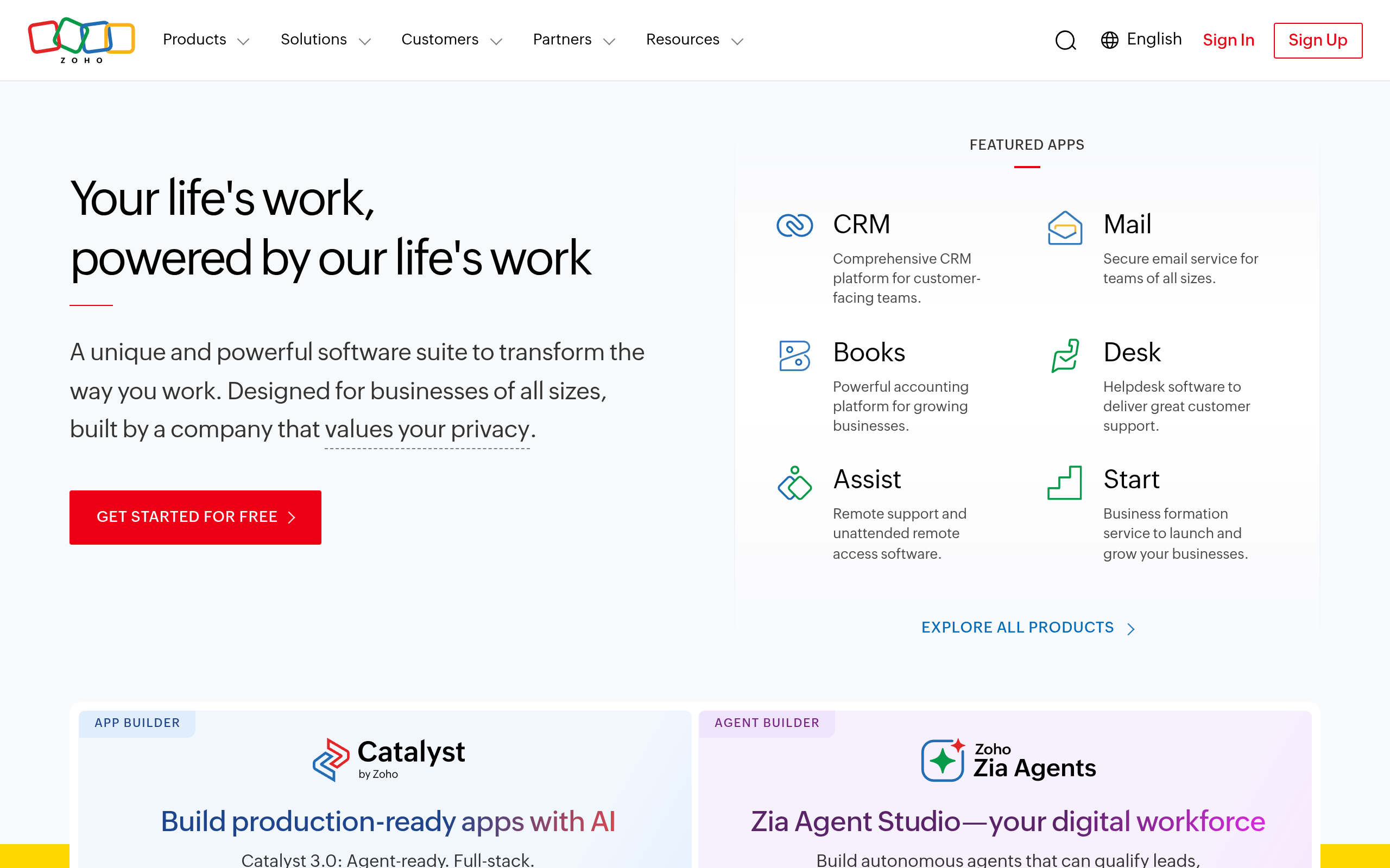 Screenshot of the Zoho CRM homepage