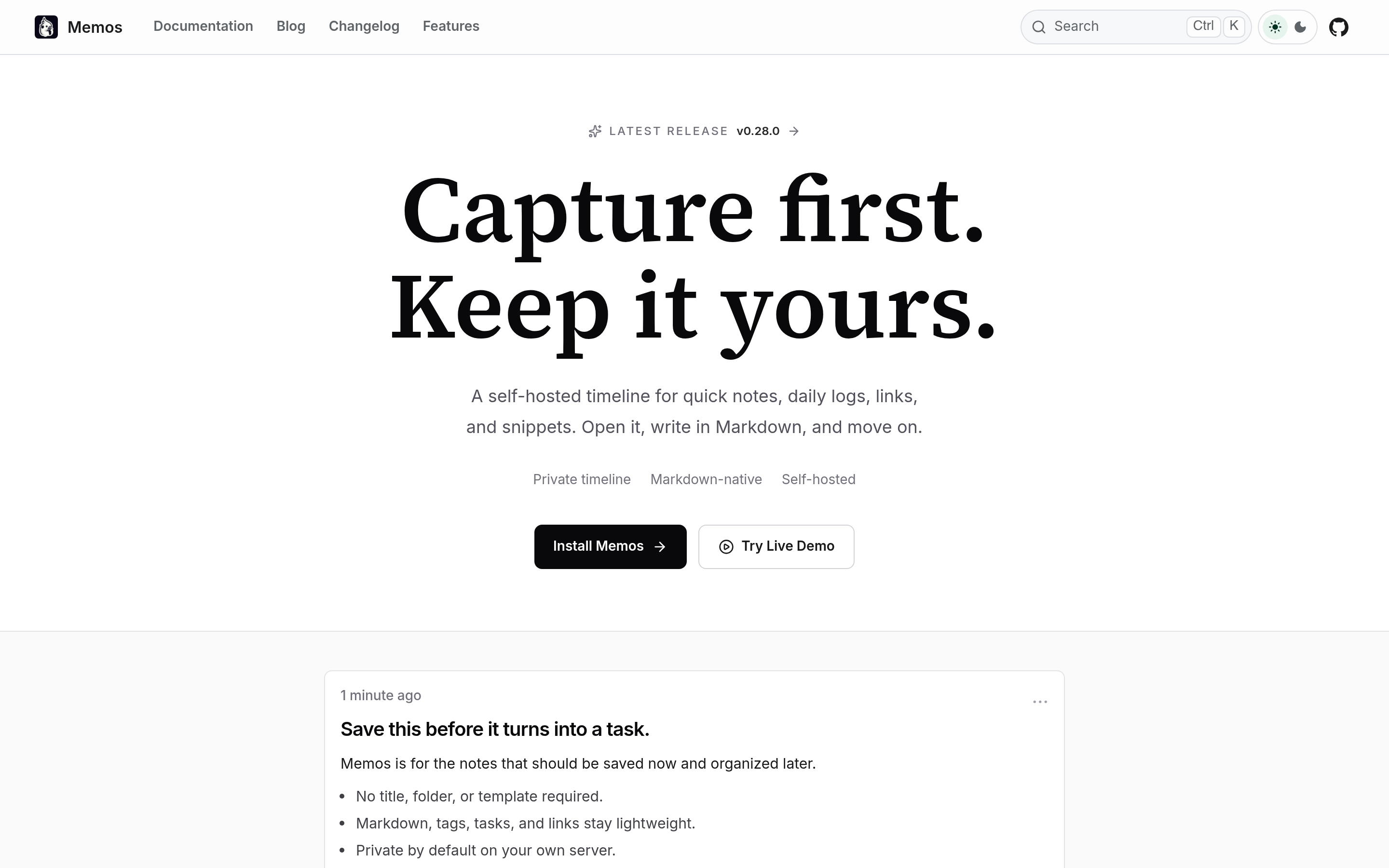 Memos - Open-Source Self-Hosted Notes 介面截圖