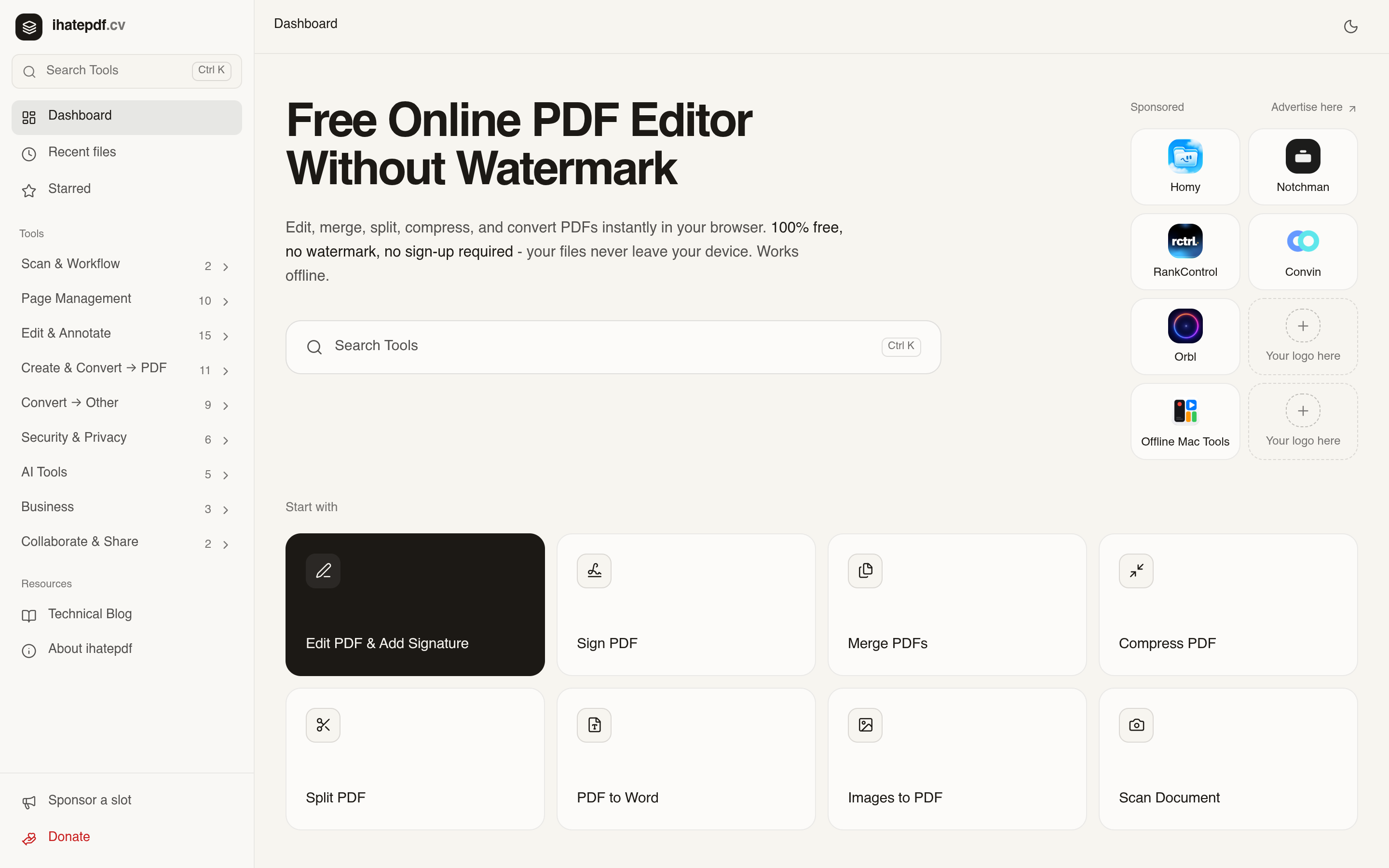 Screenshot of the ihatepdf.cv website