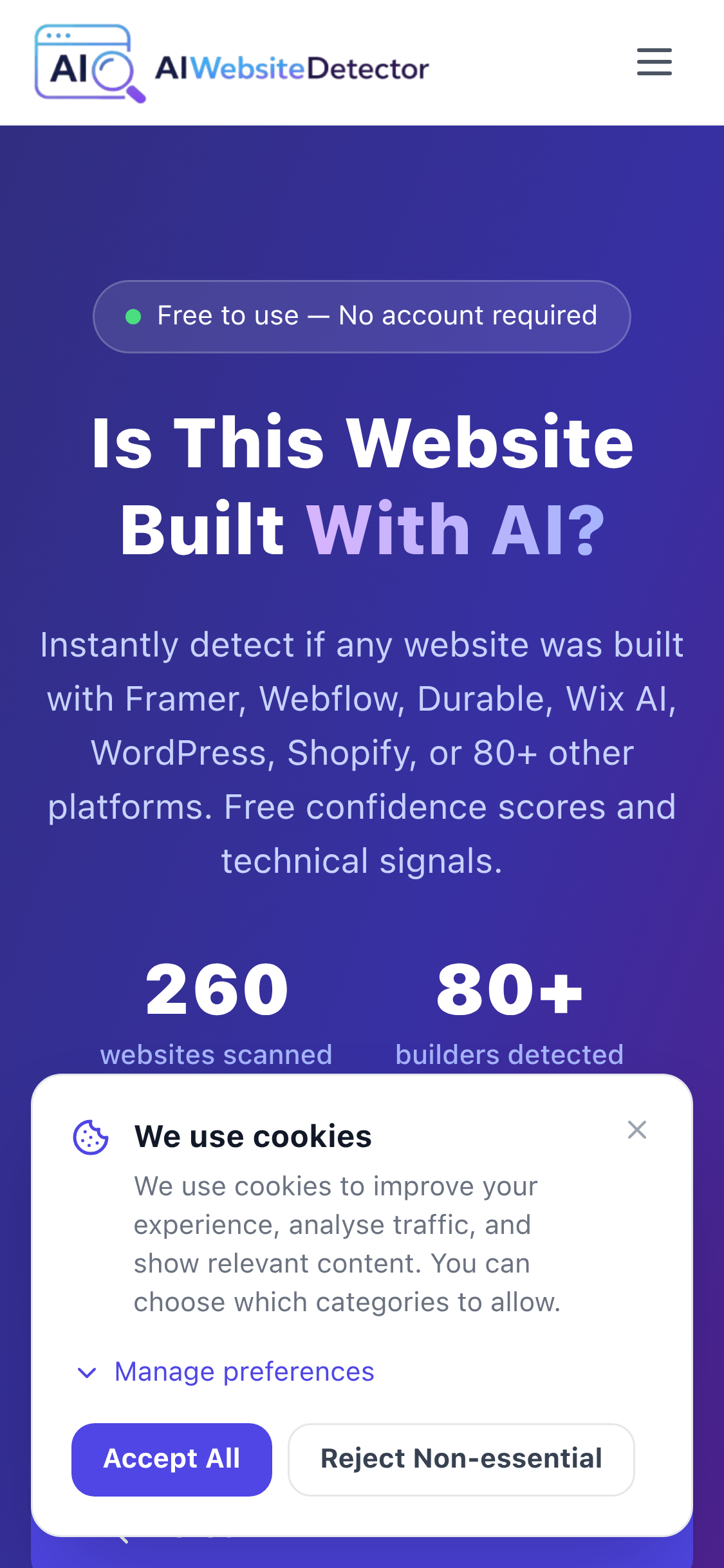Mobile screenshot of aiwebsitedetector.com
