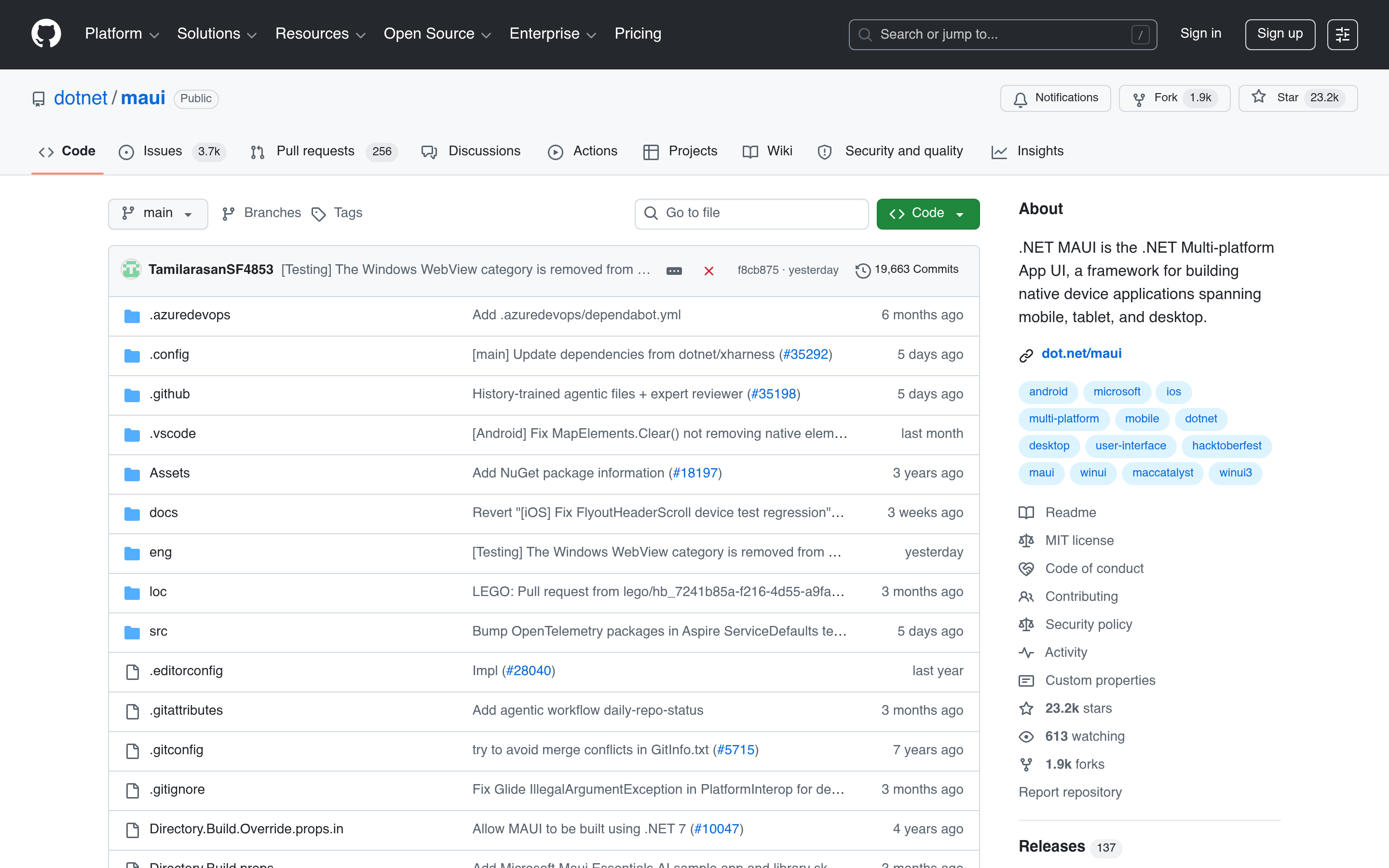 GitHub - dotnet/maui: .NET MAUI is the .NET Multi-platform App UI, a framework for building native device applications spanning mobile, tablet, and desktop. · GitHub 介面截圖