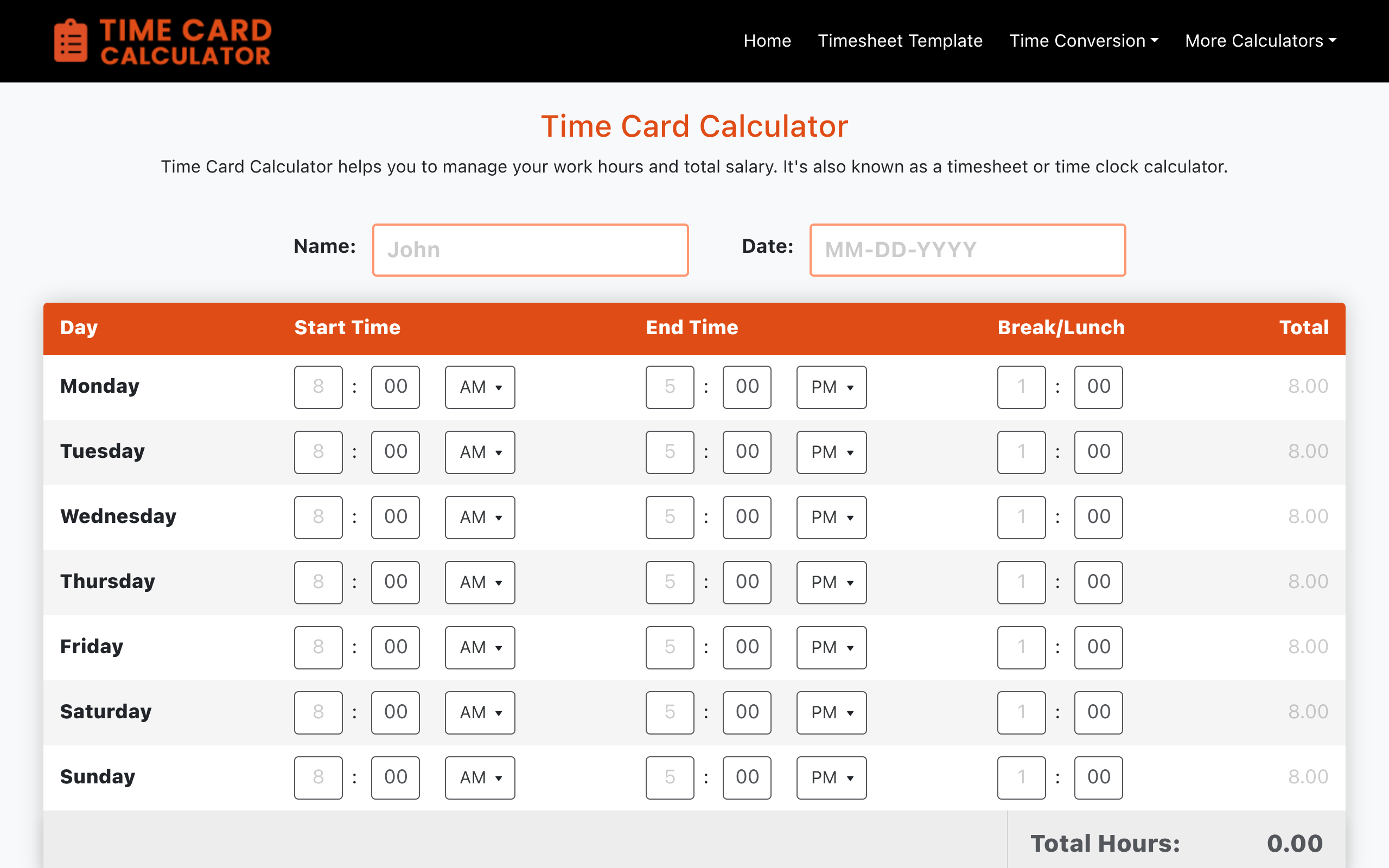 Screenshot of time-card-calculator.net