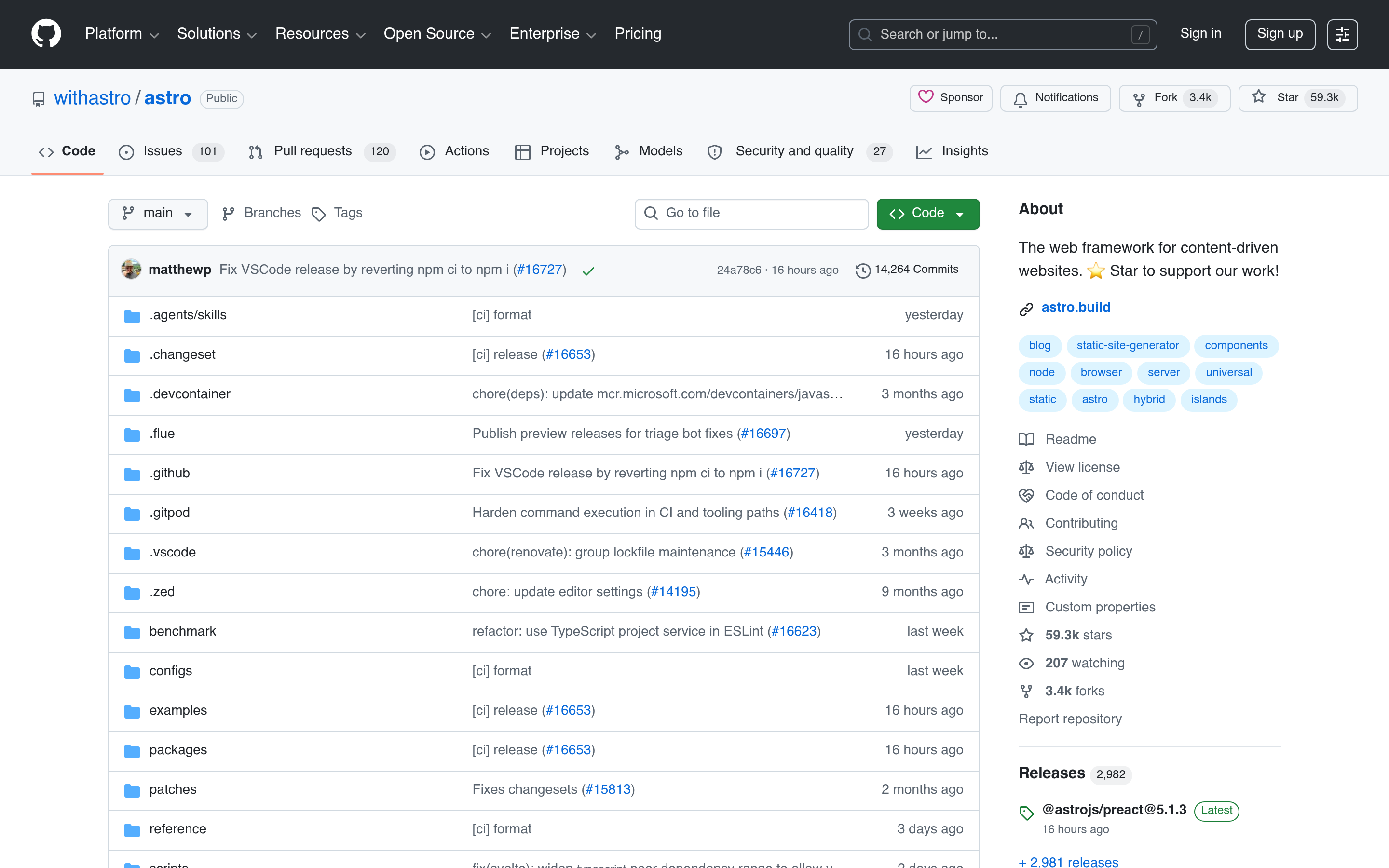 GitHub - withastro/astro: The web framework for content-driven websites. ⭐️ Star to support our work! · GitHub 介面截圖