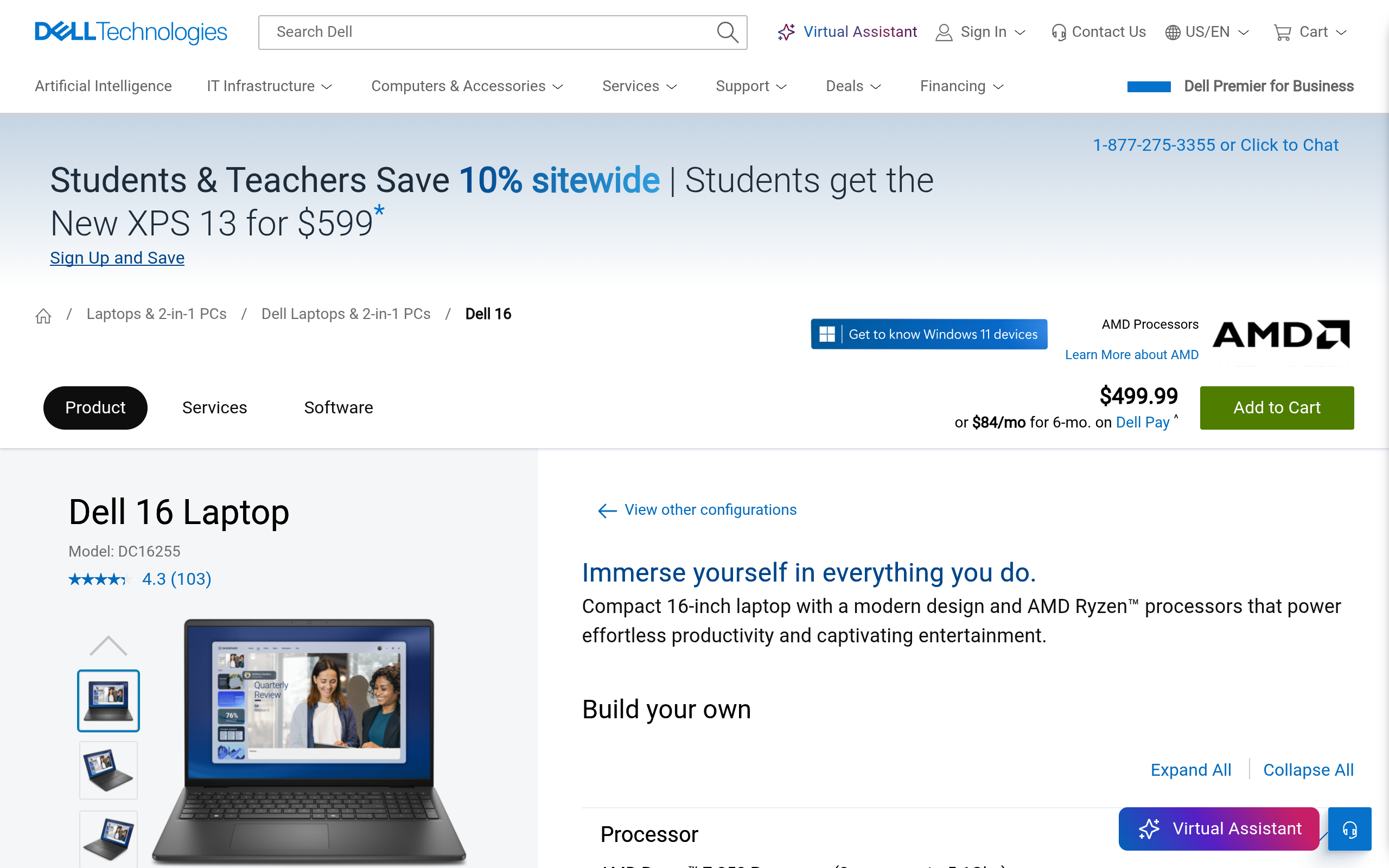 Dell 16 AMD Ryzen 7 250 16″ 2K 1920×1200 IPS Laptop 9.99