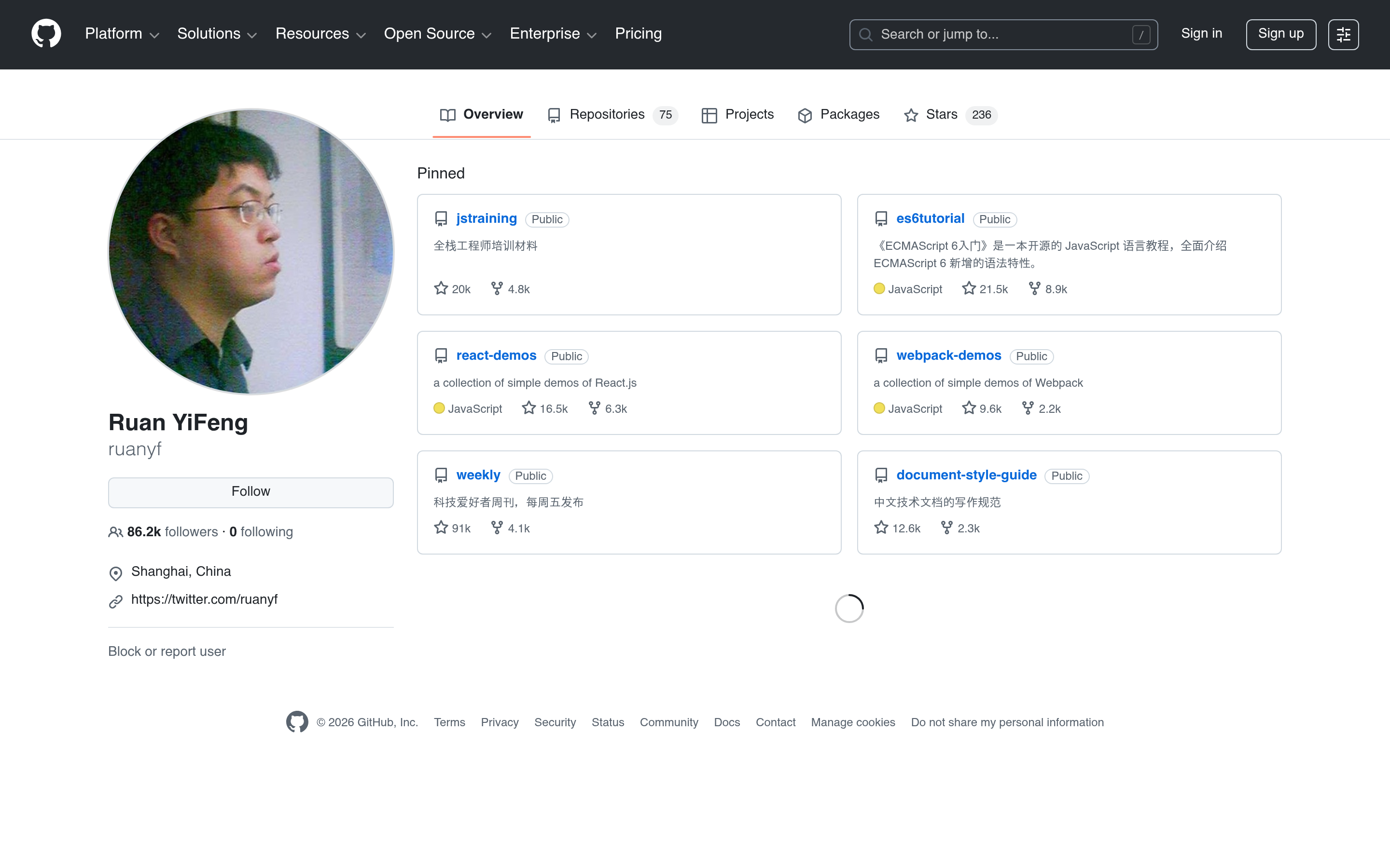 ruanyf (Ruan YiFeng) · GitHub 介面截圖