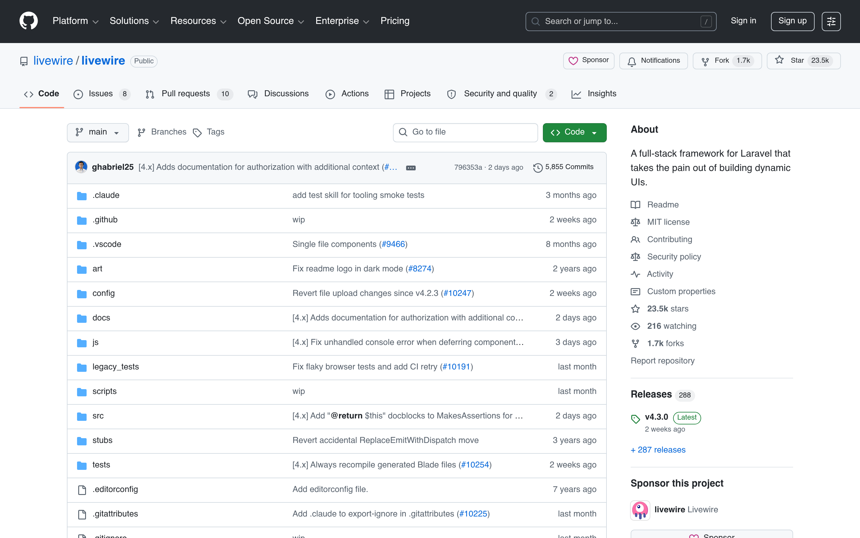 GitHub - livewire/livewire: A full-stack framework for Laravel that takes the pain out of building dynamic UIs. · GitHub 介面截圖