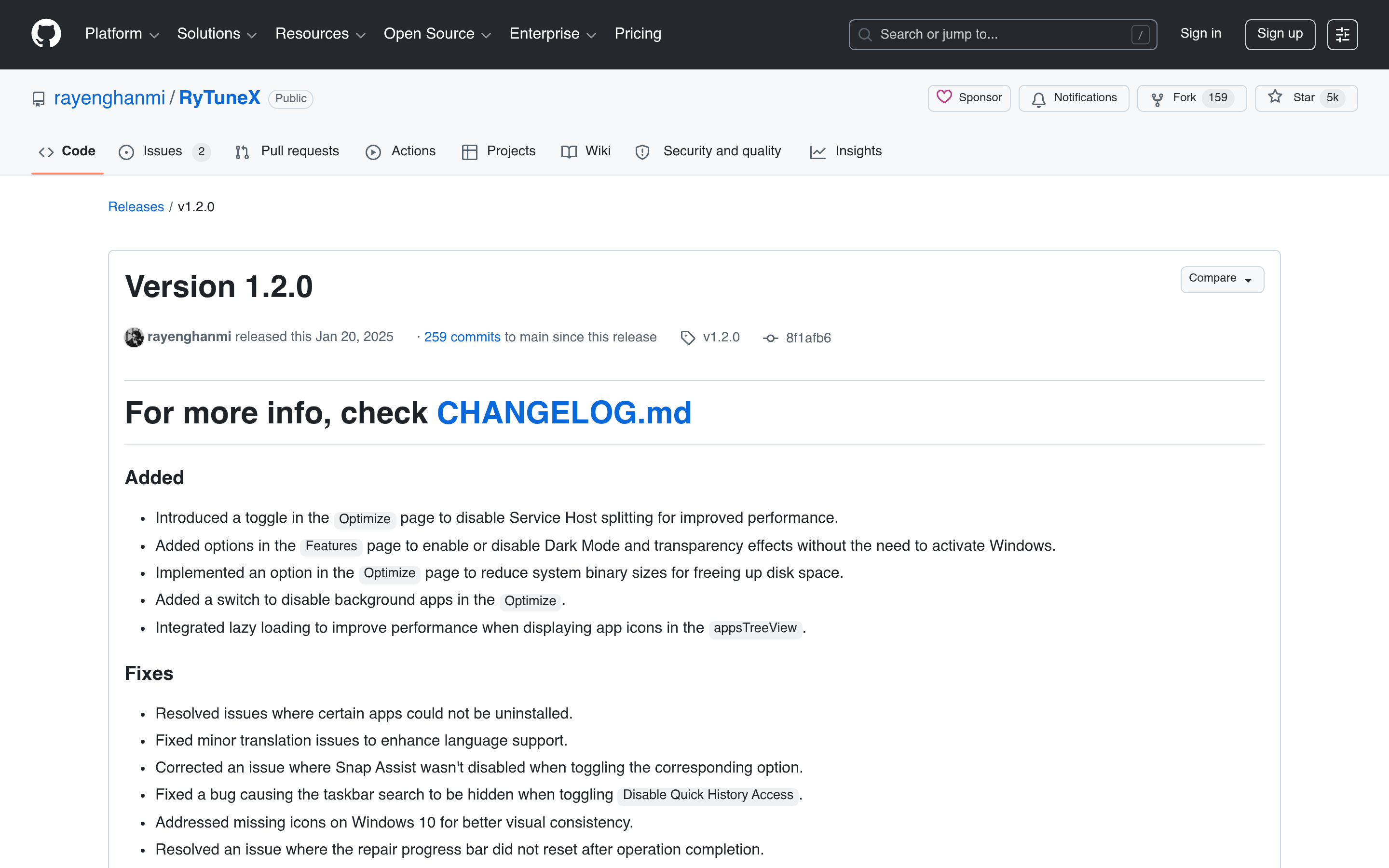 Release Version 1.2.0 · rayenghanmi/RyTuneX · GitHub 介面截圖