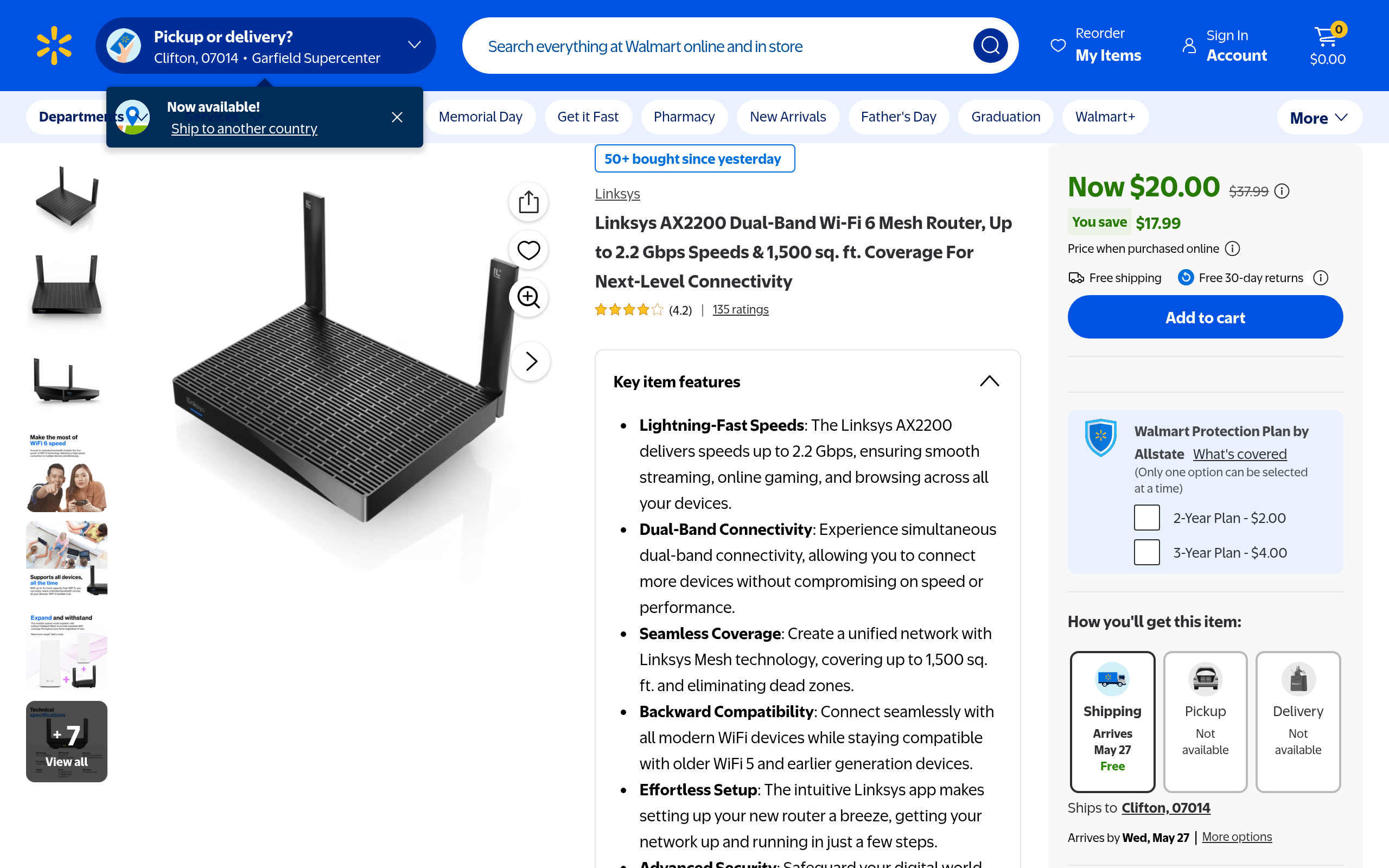 Linksys MR20MS  AX2200 Dual-Band Wi-Fi 6 Mesh Router 