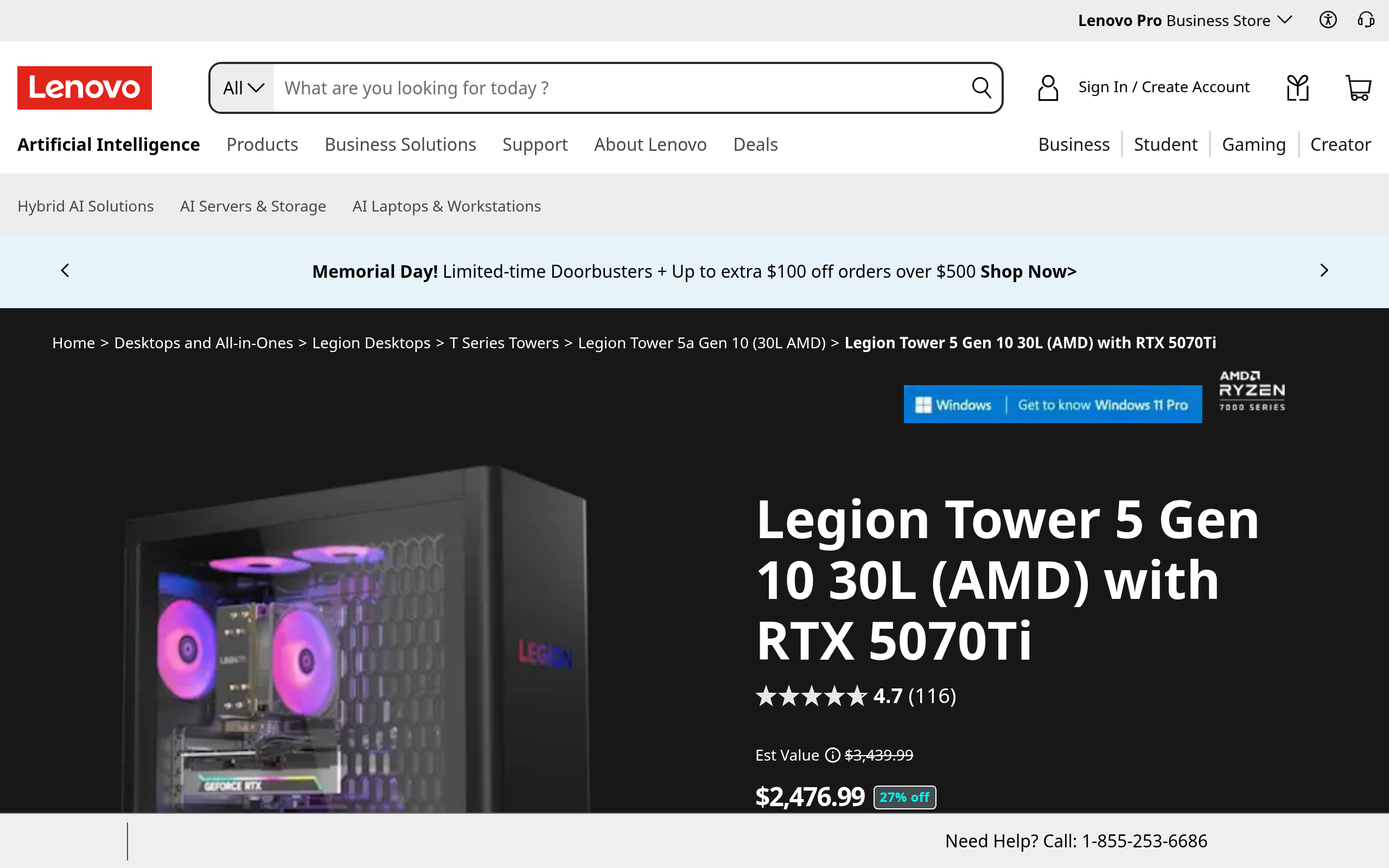 Lenovo Legion Tower 5 Gen 10 30L AMD Ryzen 7 7800X3D Gaming Desktop with NVIDIA GeForce RTX 5070 76.99