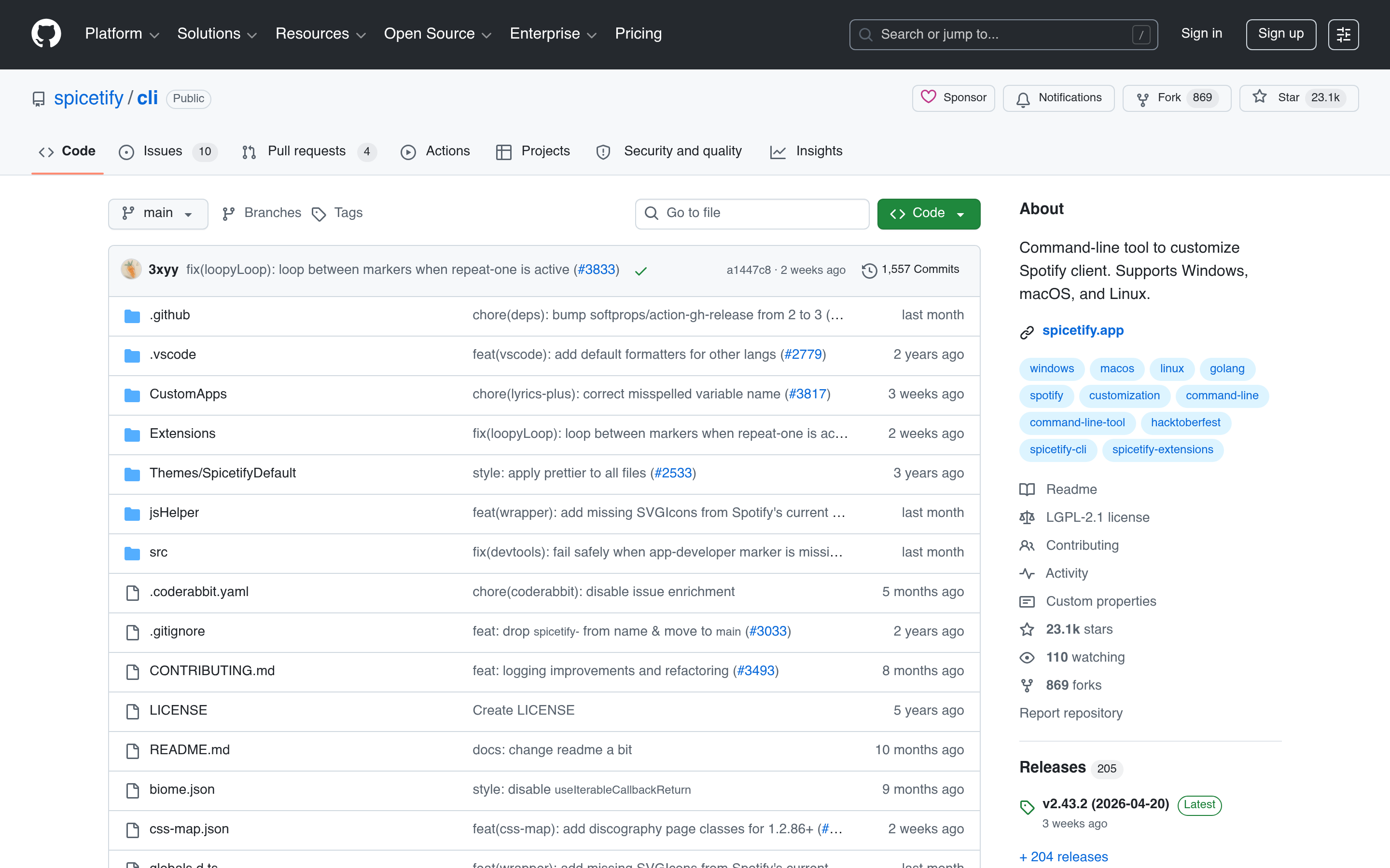 GitHub - spicetify/cli: Command-line tool to customize Spotify client. Supports Windows, macOS, and Linux. · GitHub 介面截圖