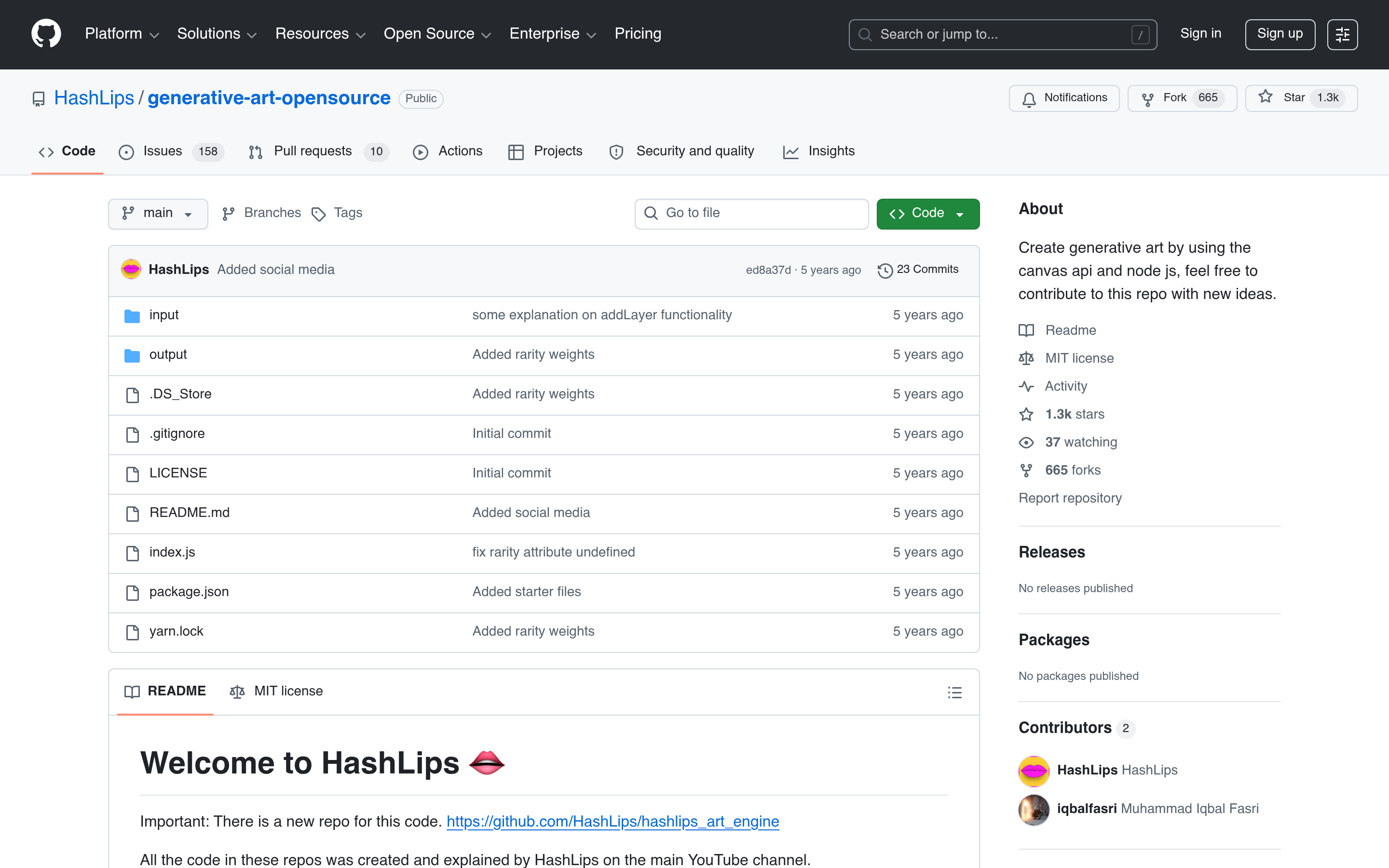 GitHub - HashLips/generative-art-opensource: Create generative art by using the canvas api and node js, feel free to contribute to this repo with new ideas. · GitHub 介面截圖