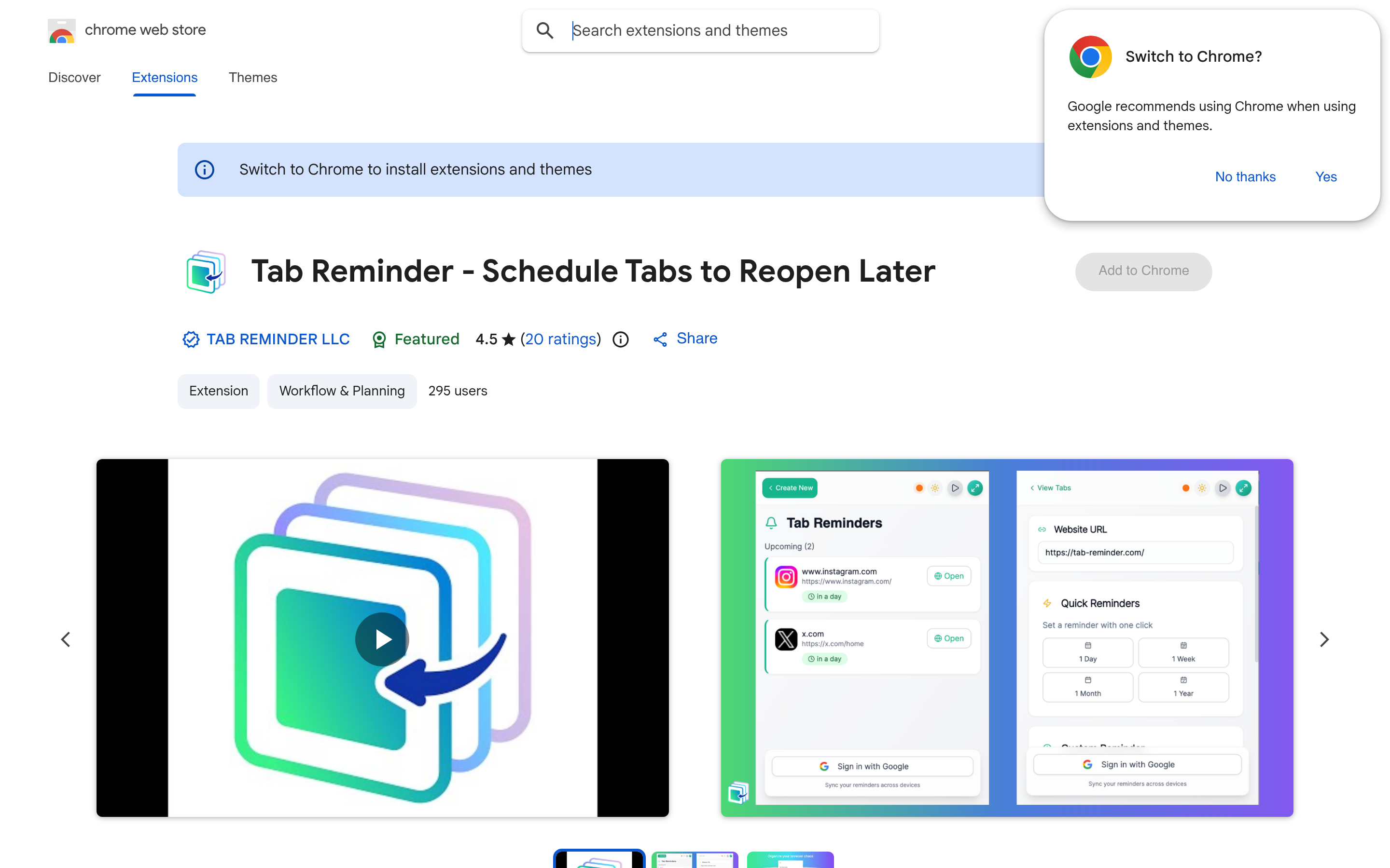 Tab Reminder - Schedule Tabs to Reopen Later - Chrome 線上應用程式商店 介面截圖