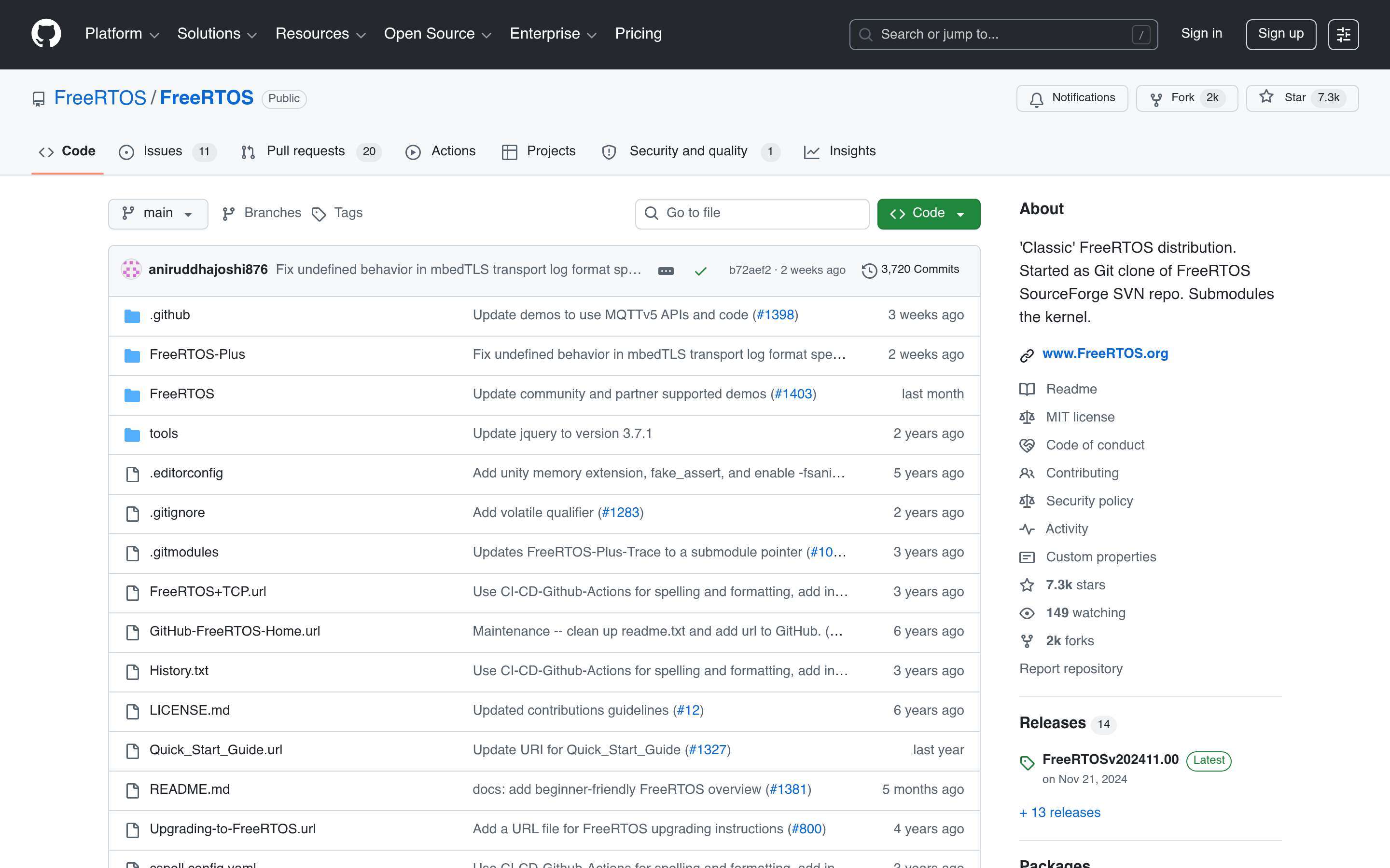 GitHub - FreeRTOS/FreeRTOS: 'Classic' FreeRTOS distribution. Started as Git clone of FreeRTOS SourceForge SVN repo. Submodules the kernel. · GitHub 介面截圖