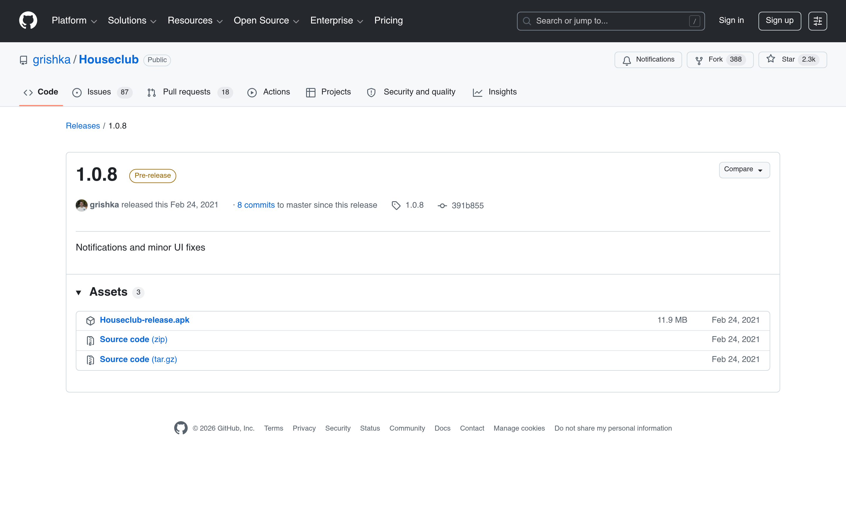 Release 1.0.8 · grishka/Houseclub · GitHub 介面截圖