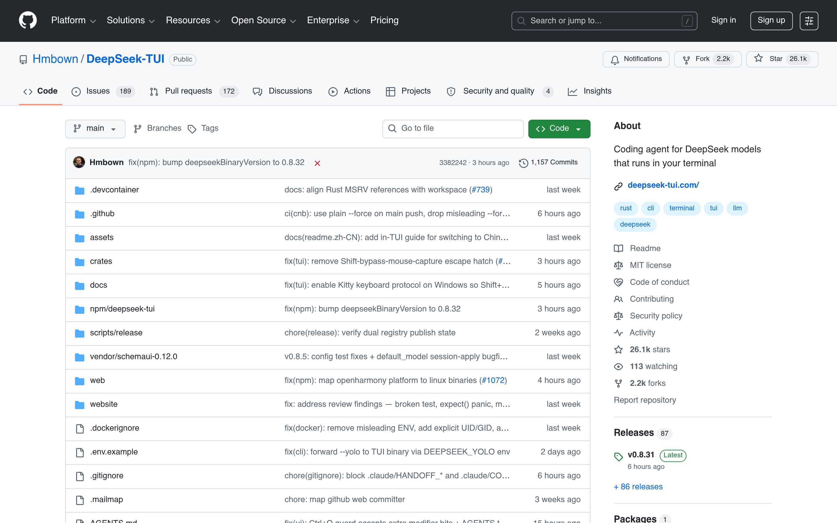 GitHub - Hmbown/DeepSeek-TUI: Coding agent for DeepSeek models that runs in your terminal · GitHub 介面截圖