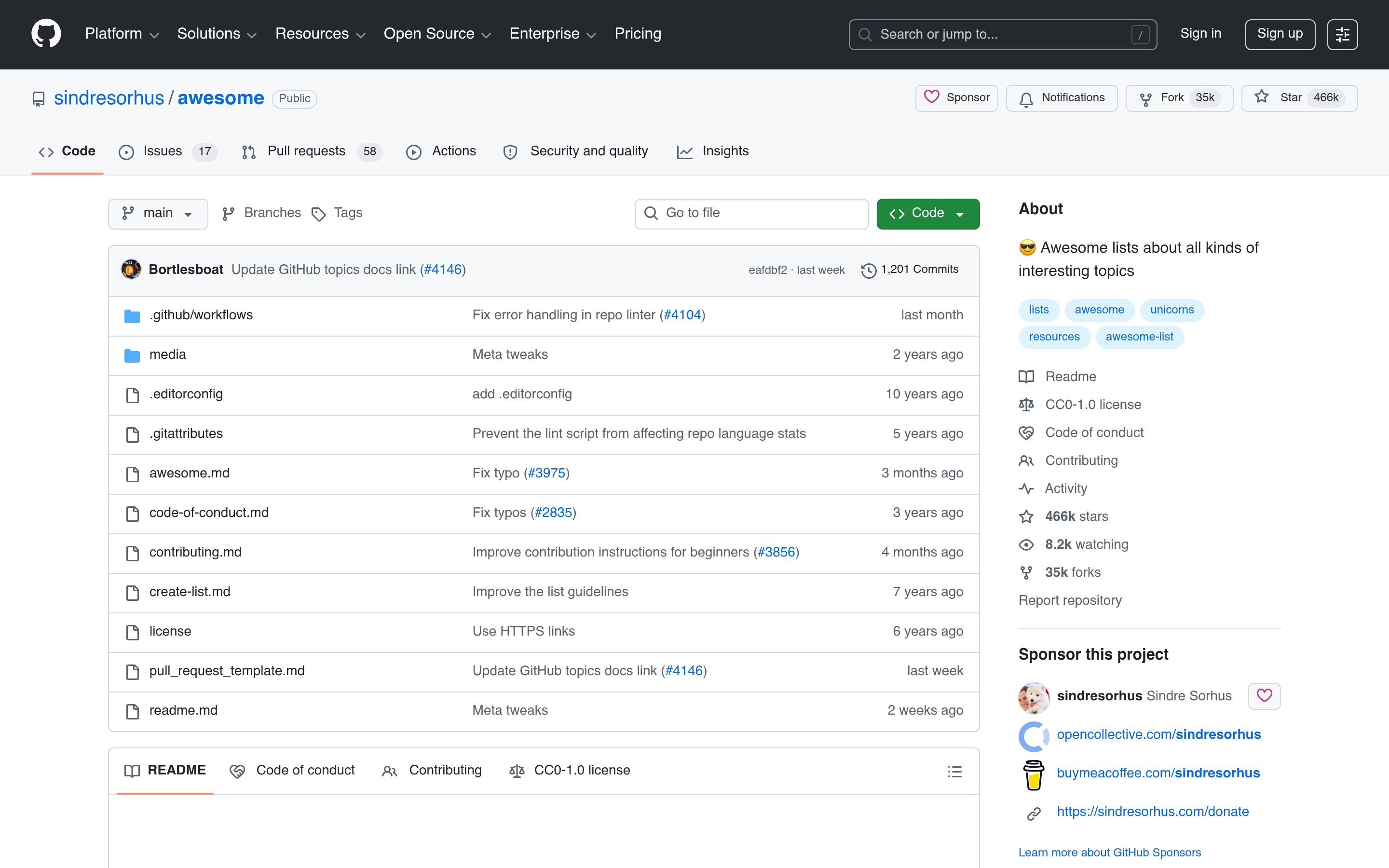 GitHub - sindresorhus/awesome: Awesome lists about all kinds of interesting topics · GitHub 介面截圖