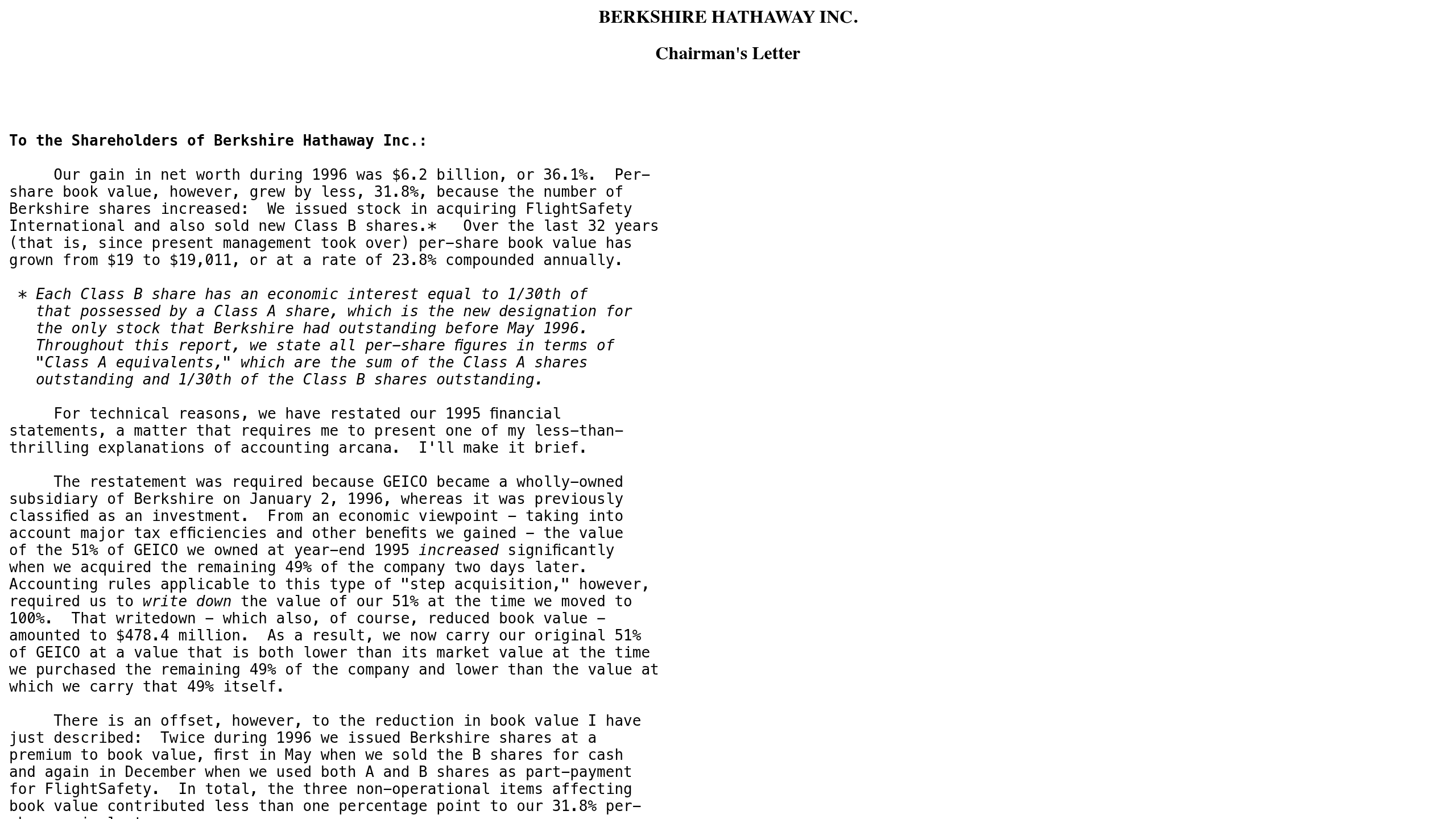 Preview of Chairman's Letter - 1996