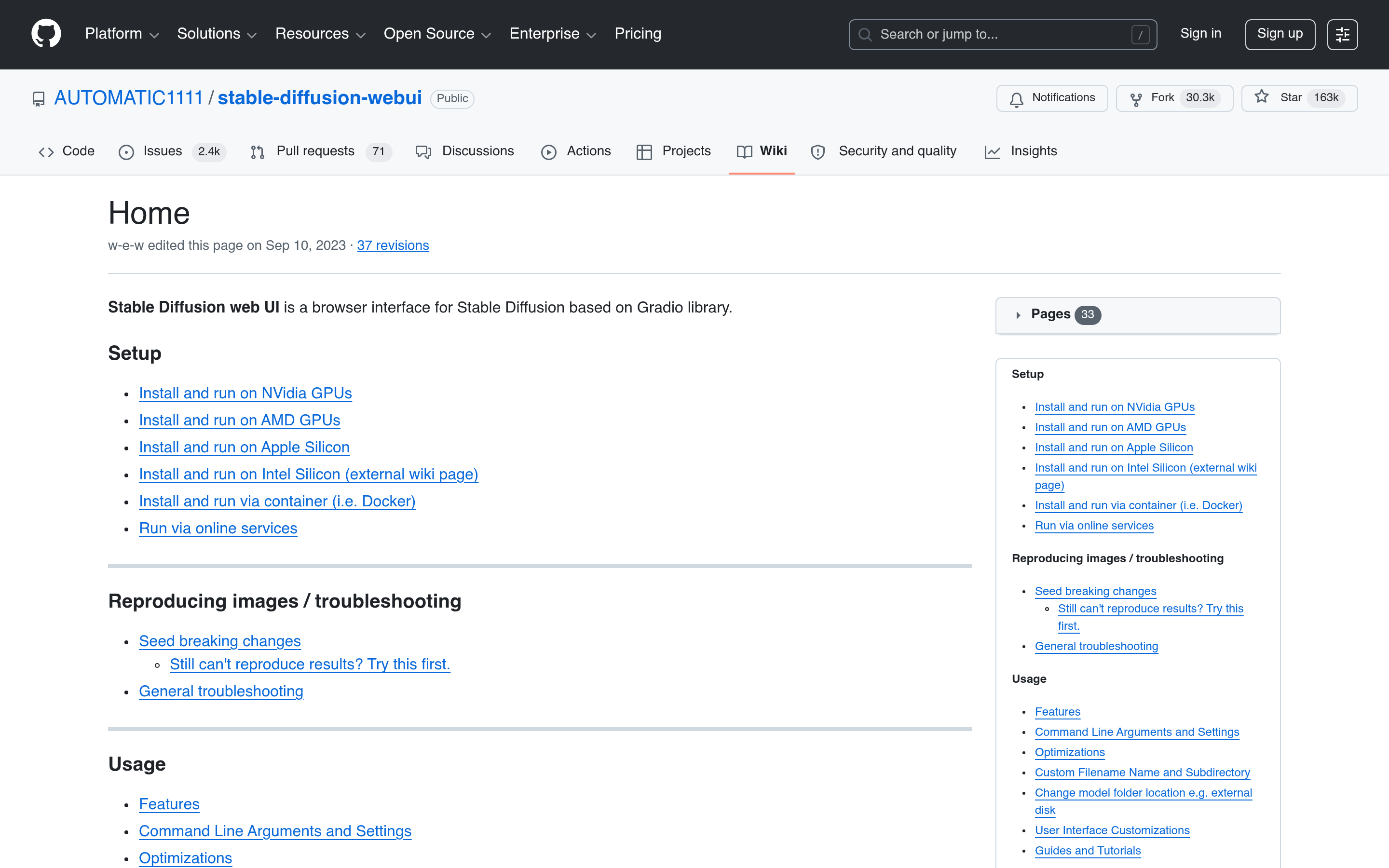 Home · AUTOMATIC1111/stable-diffusion-webui Wiki · GitHub 介面截圖