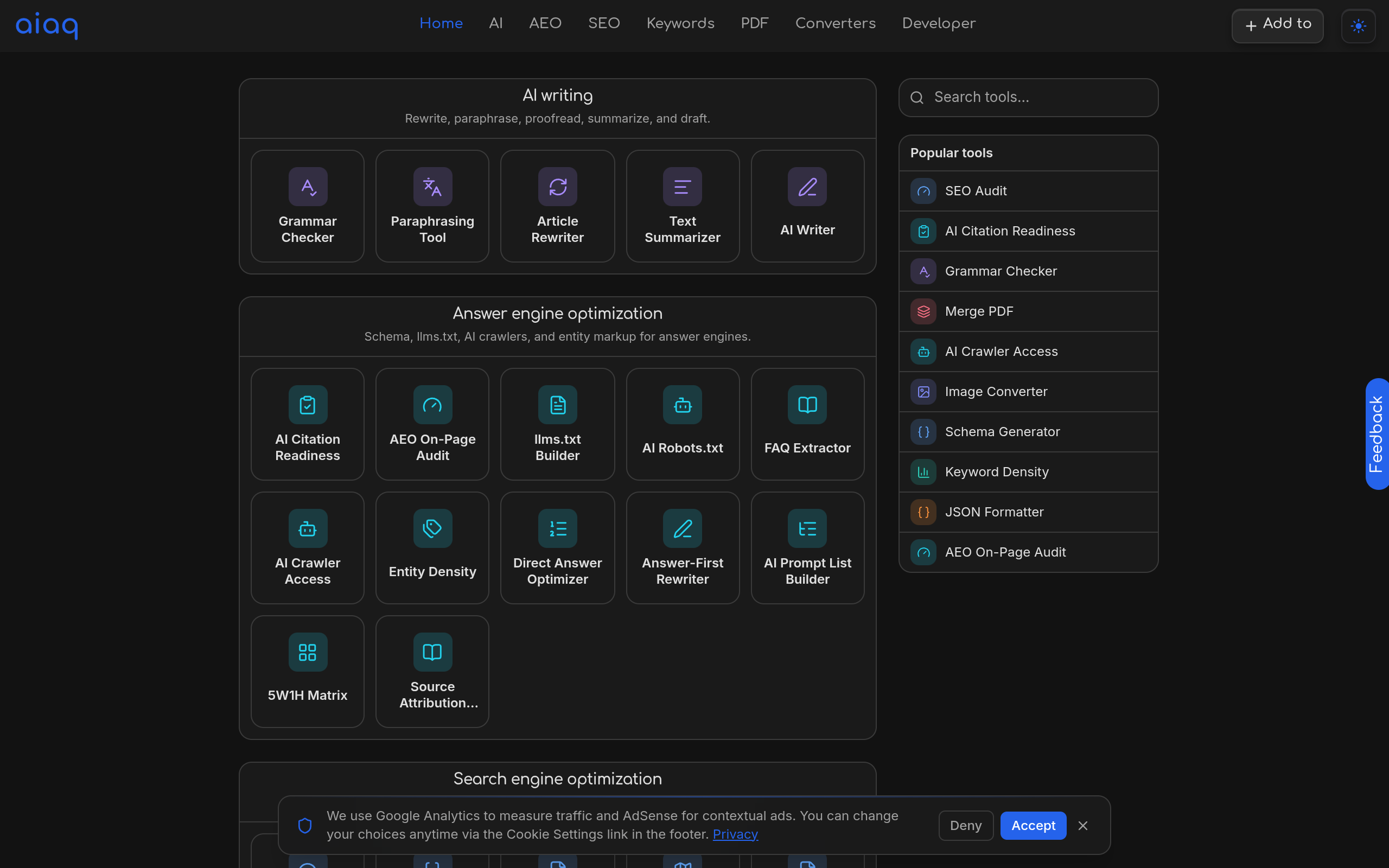 AEO and SEO Online Tools screenshot, image 1