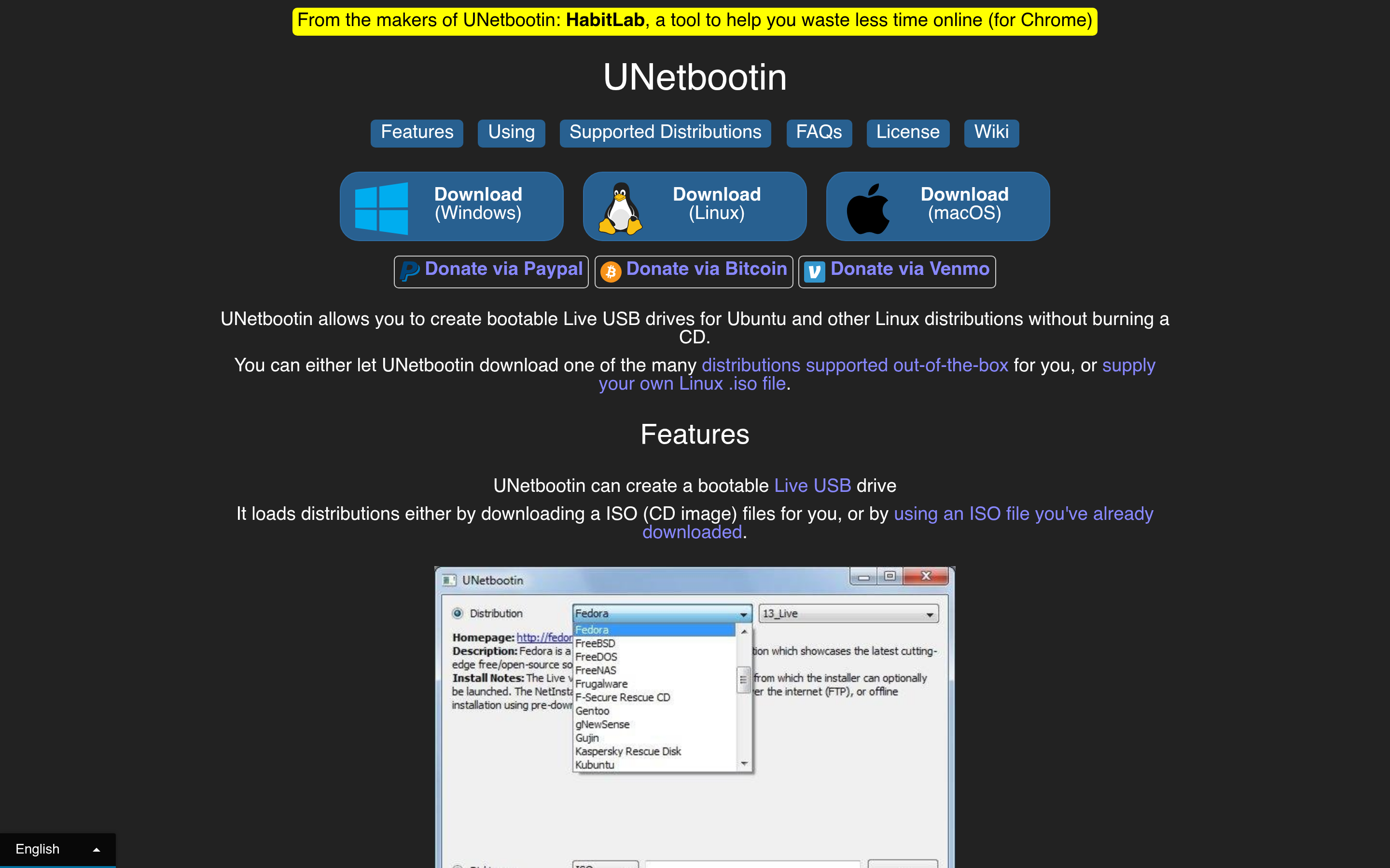 UNetbootin - Homepage and Downloads 介面截圖