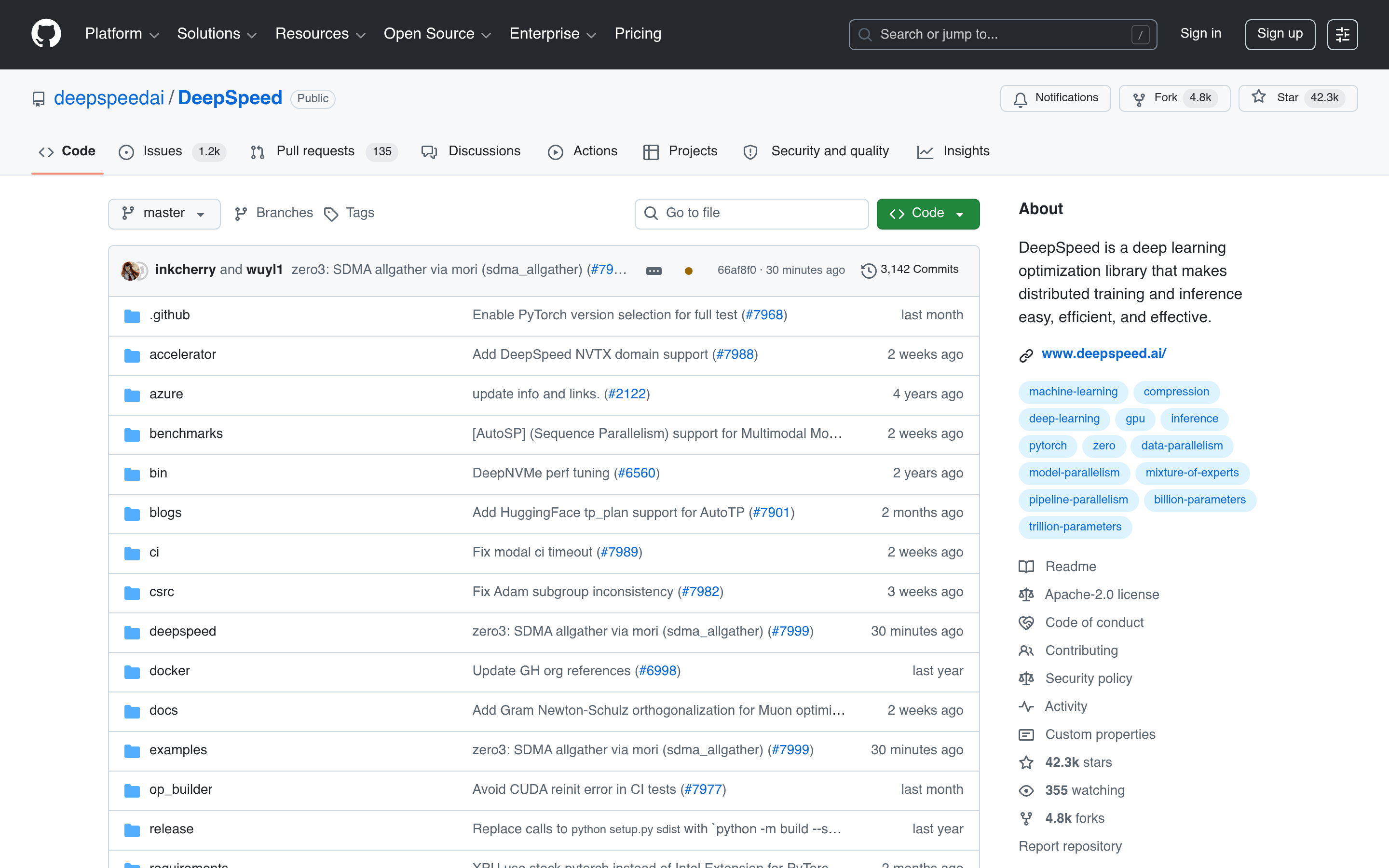 GitHub - deepspeedai/DeepSpeed: DeepSpeed is a deep learning optimization library that makes distributed training and inference easy, efficient, and effective. · GitHub 介面截圖