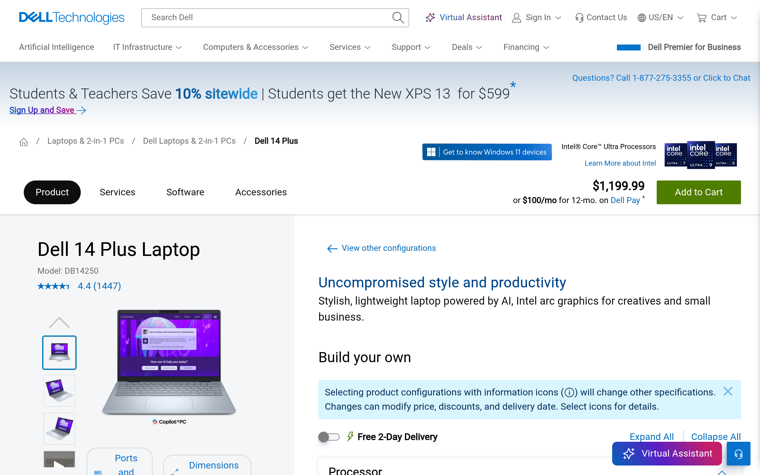 Dell 14 Plus Intel Core Ultra 9 288V 14″ 2.5K Display Copilot+ Laptop (32GB RAM, 1TB SSD) 99.99
