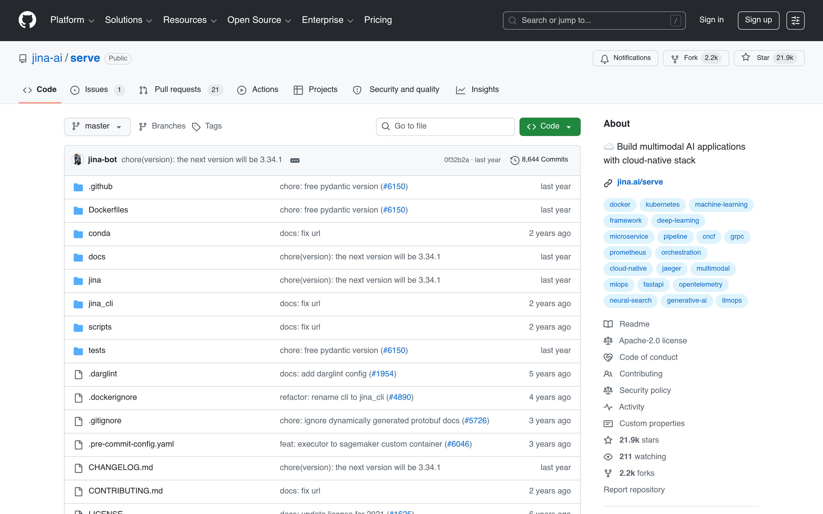 GitHub - jina-ai/serve: ☁️ Build multimodal AI applications with cloud-native stack · GitHub 介面截圖