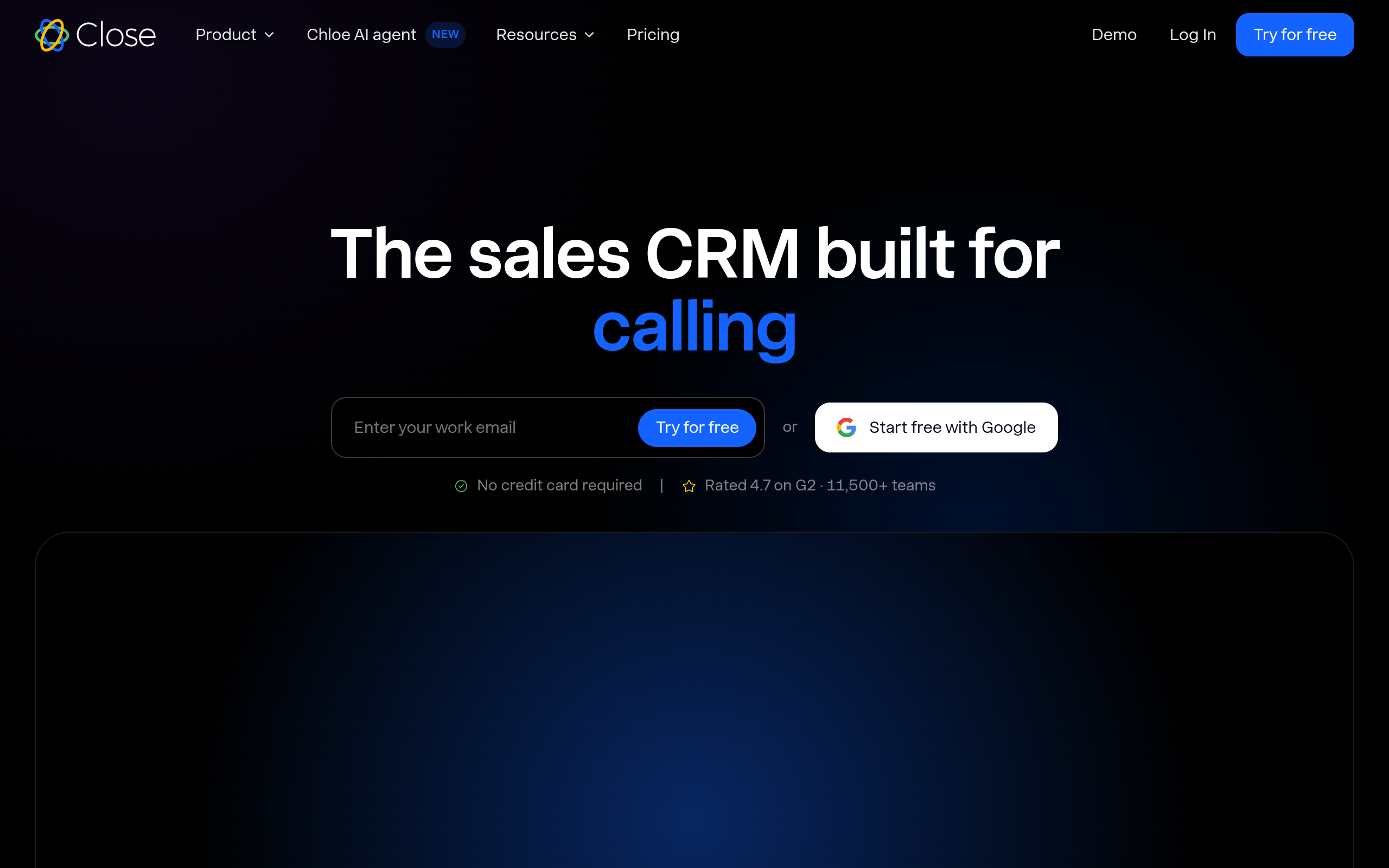 Screenshot of the Close CRM homepage