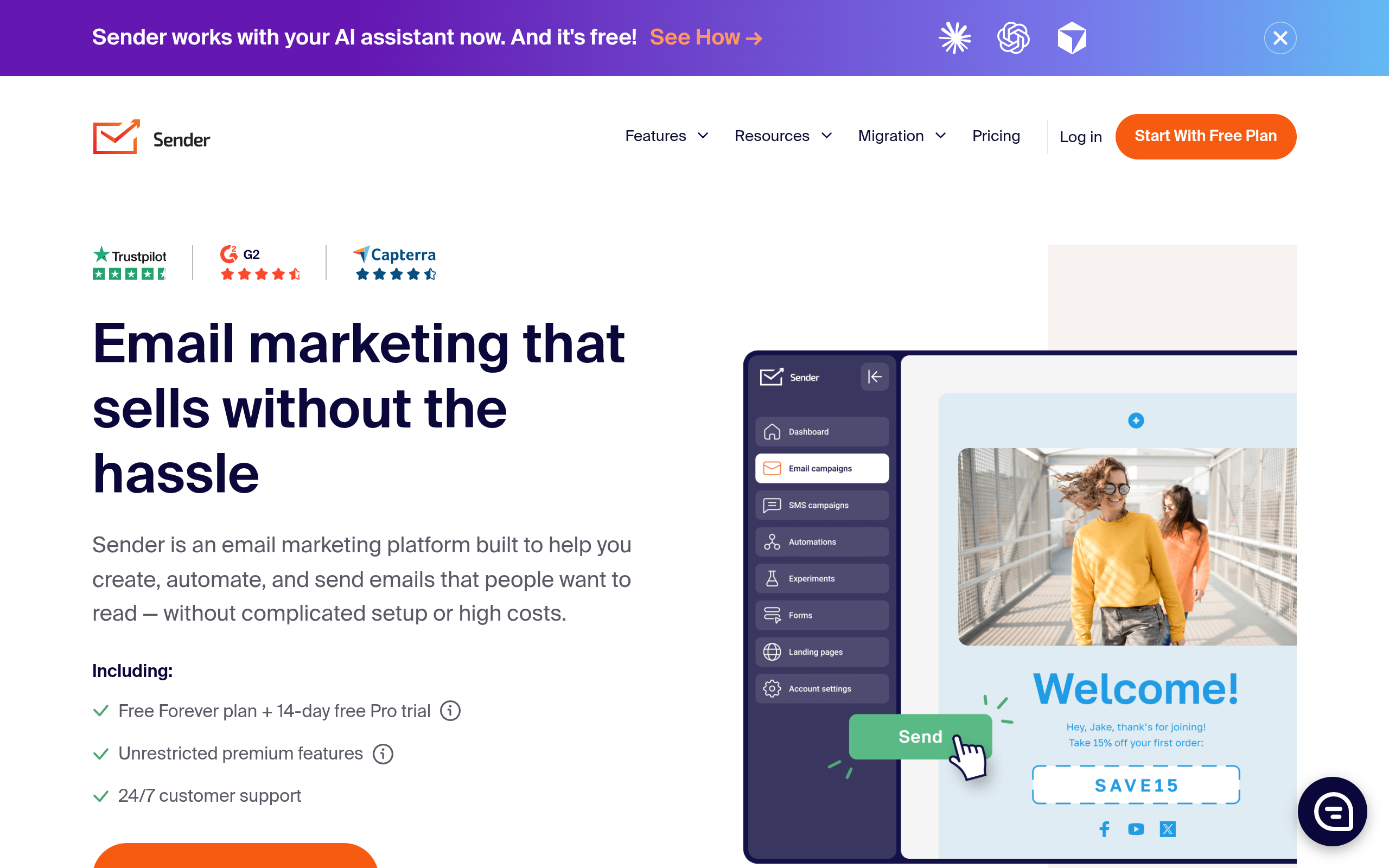 Screenshot of the Sender homepage