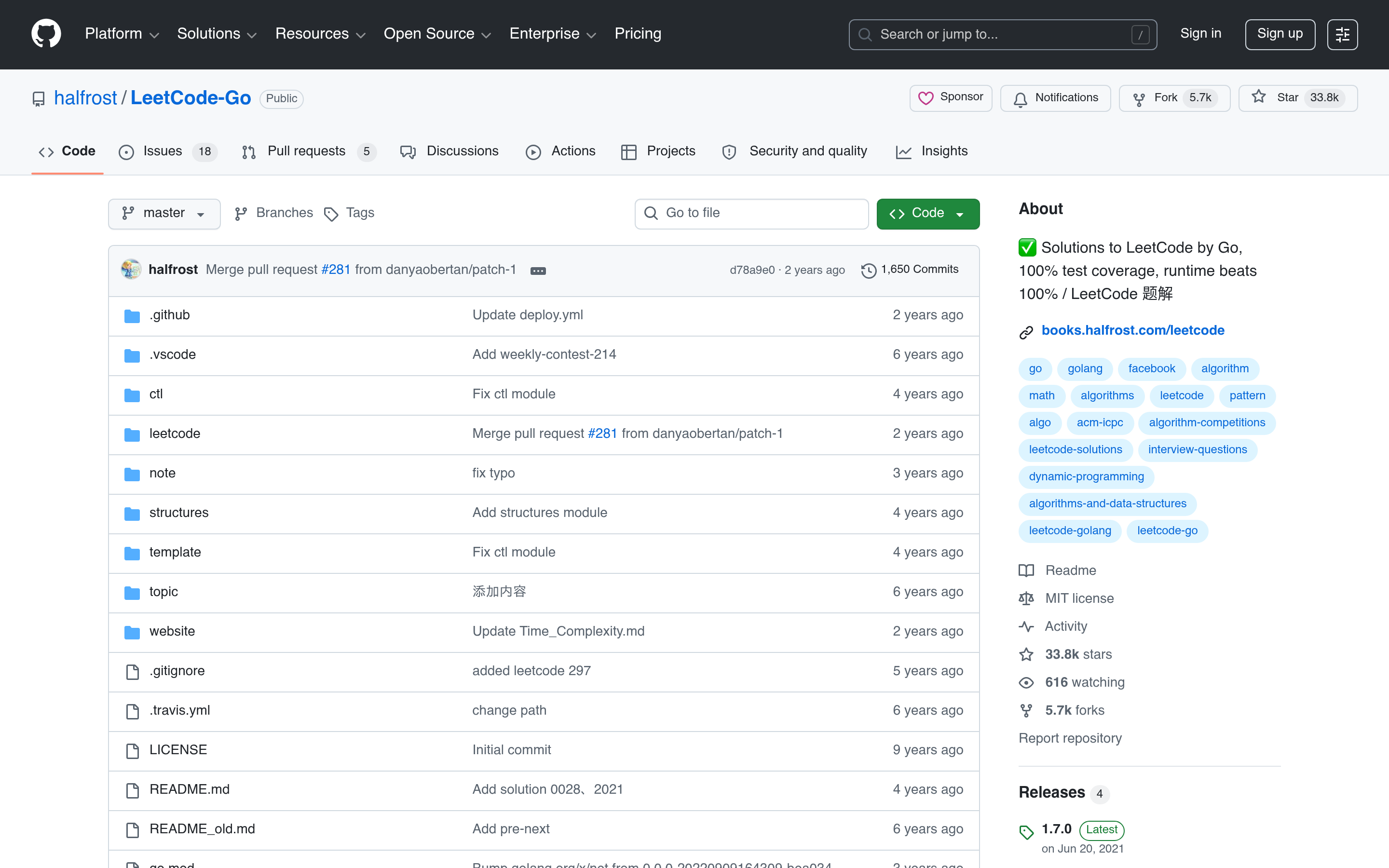 GitHub - halfrost/LeetCode-Go: ✅ Solutions to LeetCode by Go, 100% test coverage, runtime beats 100% / LeetCode 题解 · GitHub 介面截圖