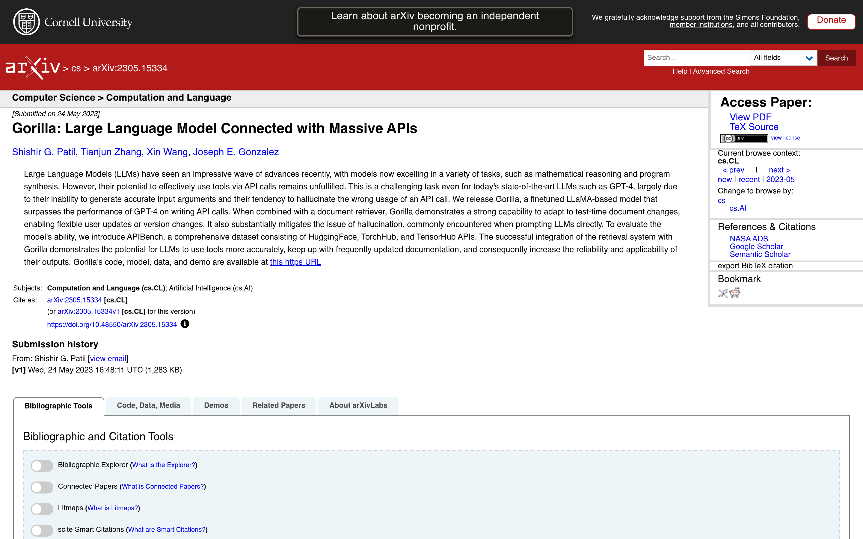 [2305.15334] Gorilla: Large Language Model Connected with Massive APIs 介面截圖