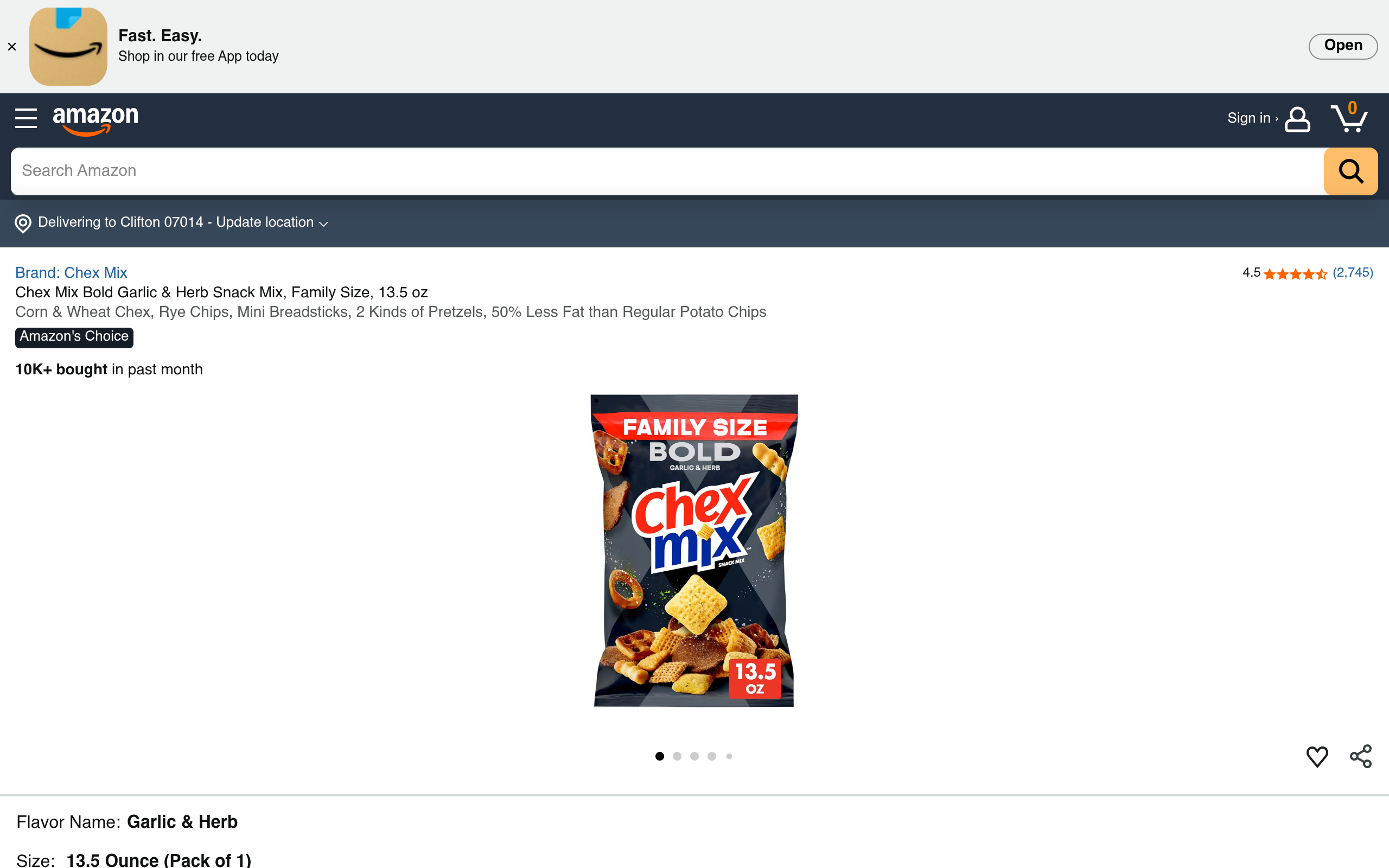 13.5-Oz  Chex Mix Bold Garlic & Herb Snack Mix or Sweet & Salty Snack Mix
