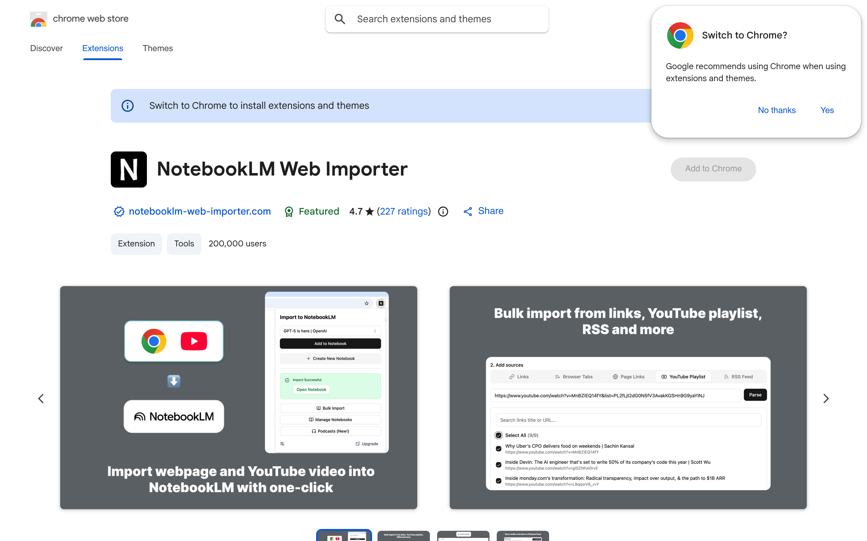 NotebookLM 網頁匯入器 - Chrome 線上應用程式商店 介面截圖