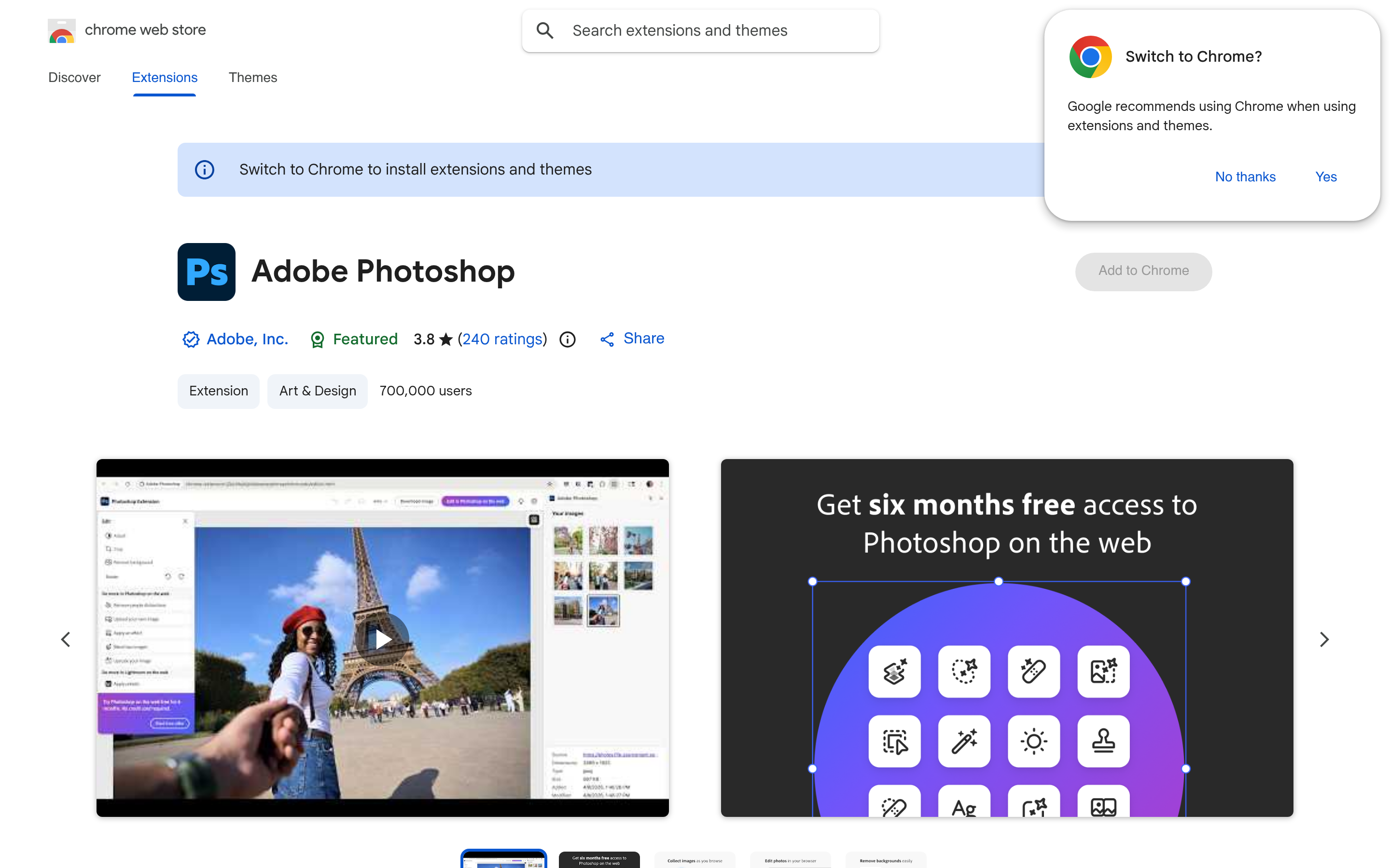 Adobe Photoshop - Chrome 線上應用程式商店 介面截圖