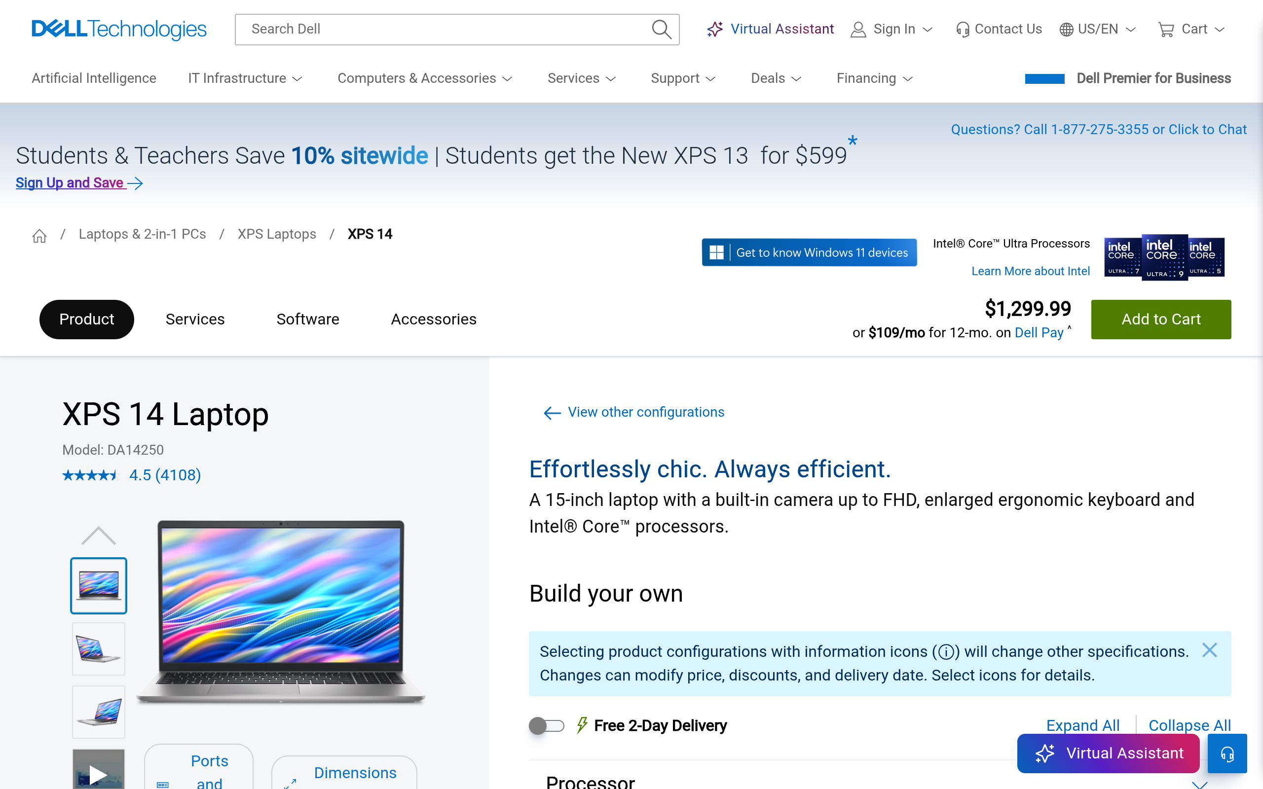 Dell XPS 14 Intel Core Ultra 7 255H 14″ 2K 120Hz Laptop 99.99