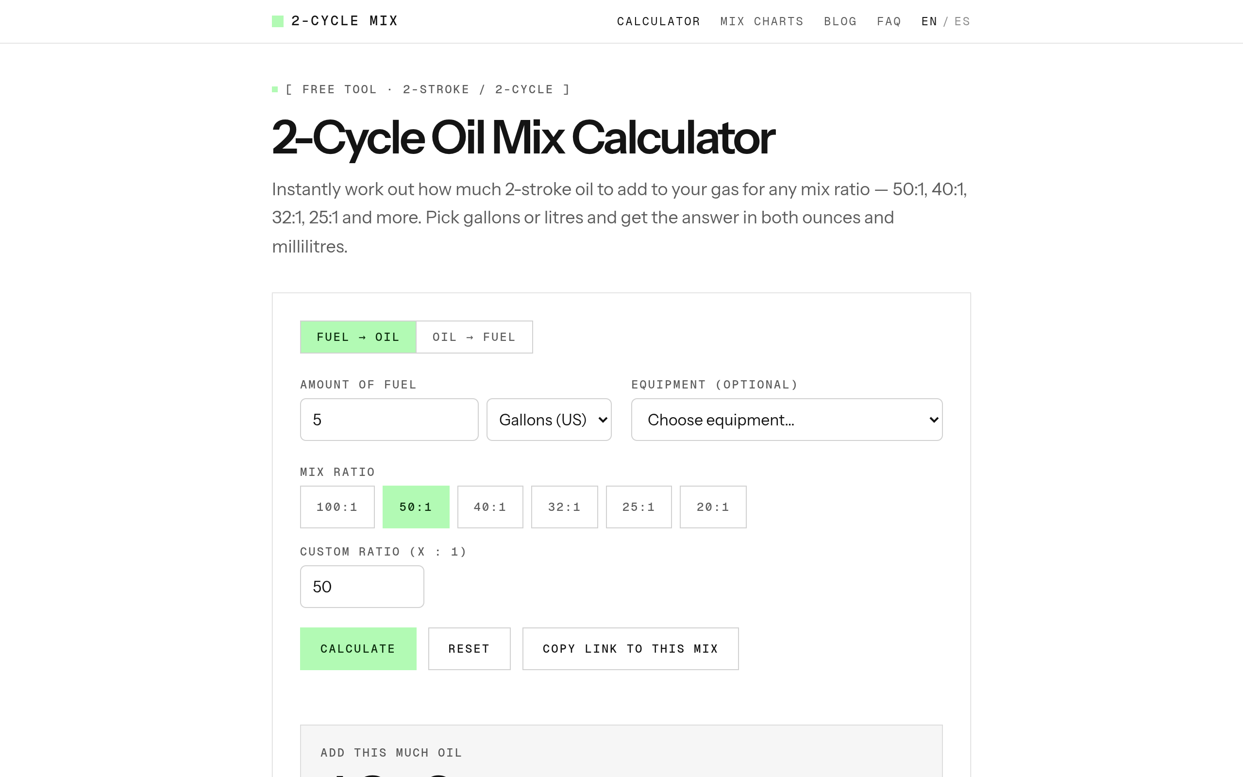 2cycleoilmixcalculator.com screenshot, image 1