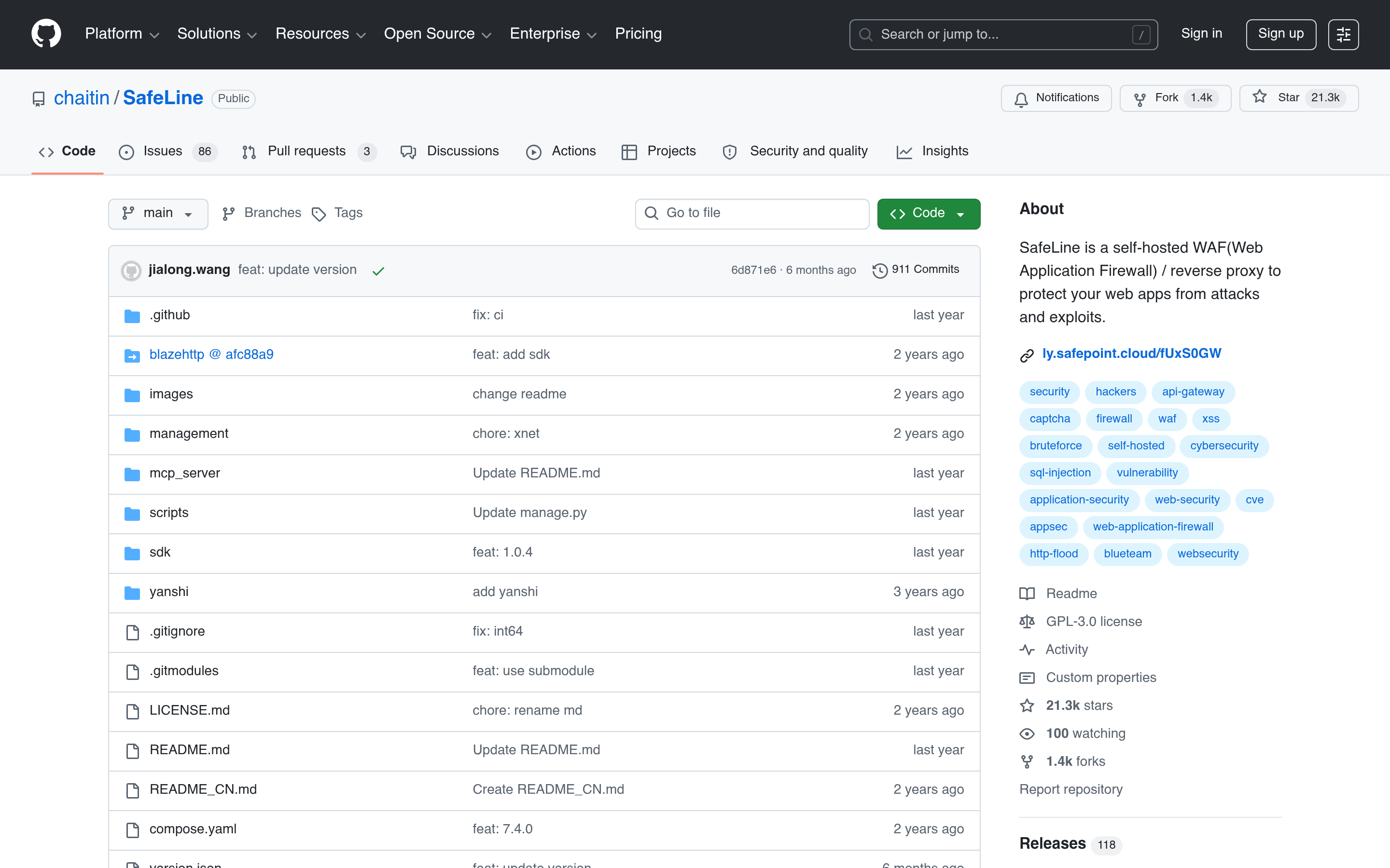 GitHub - chaitin/SafeLine: SafeLine is a self-hosted WAF(Web Application Firewall) / reverse proxy to protect your web apps from attacks and exploits. · GitHub 介面截圖