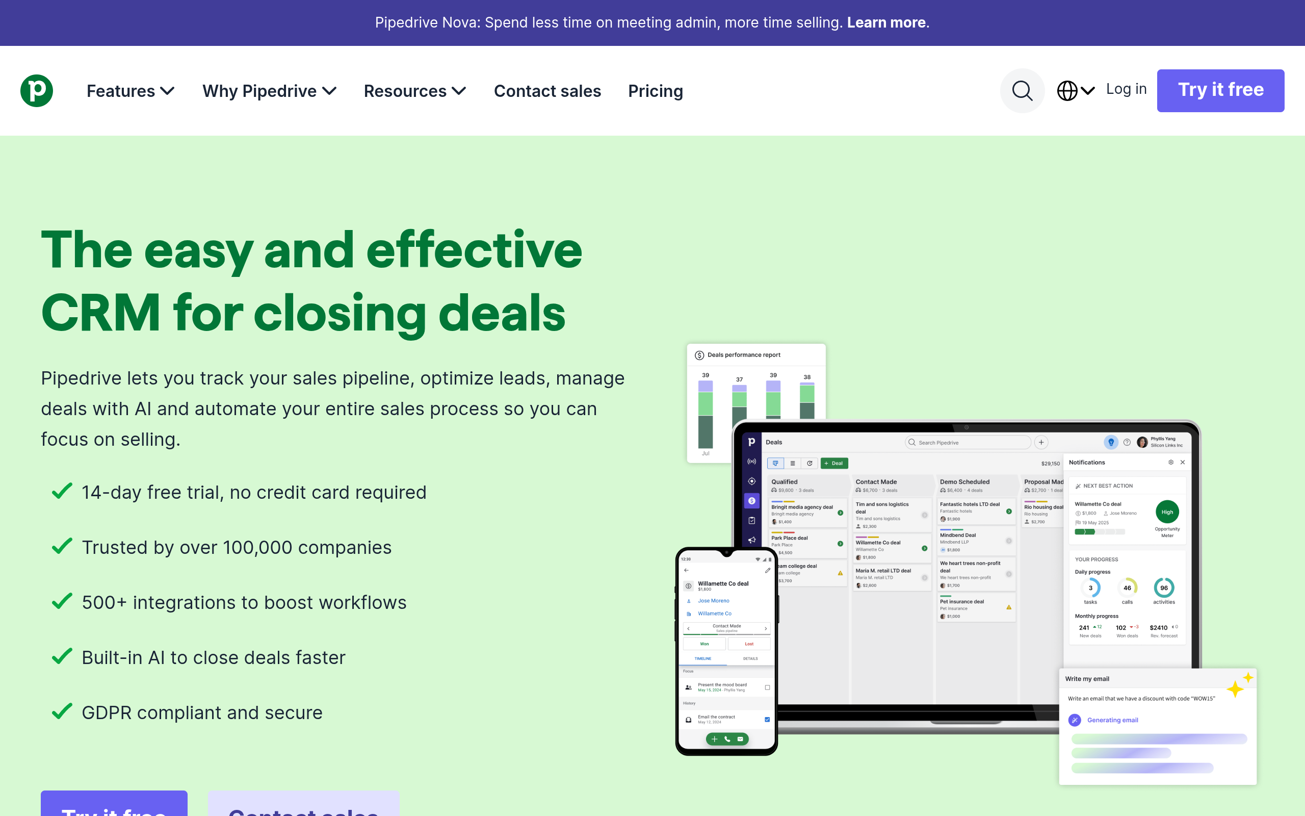 Screenshot of the Pipedrive homepage