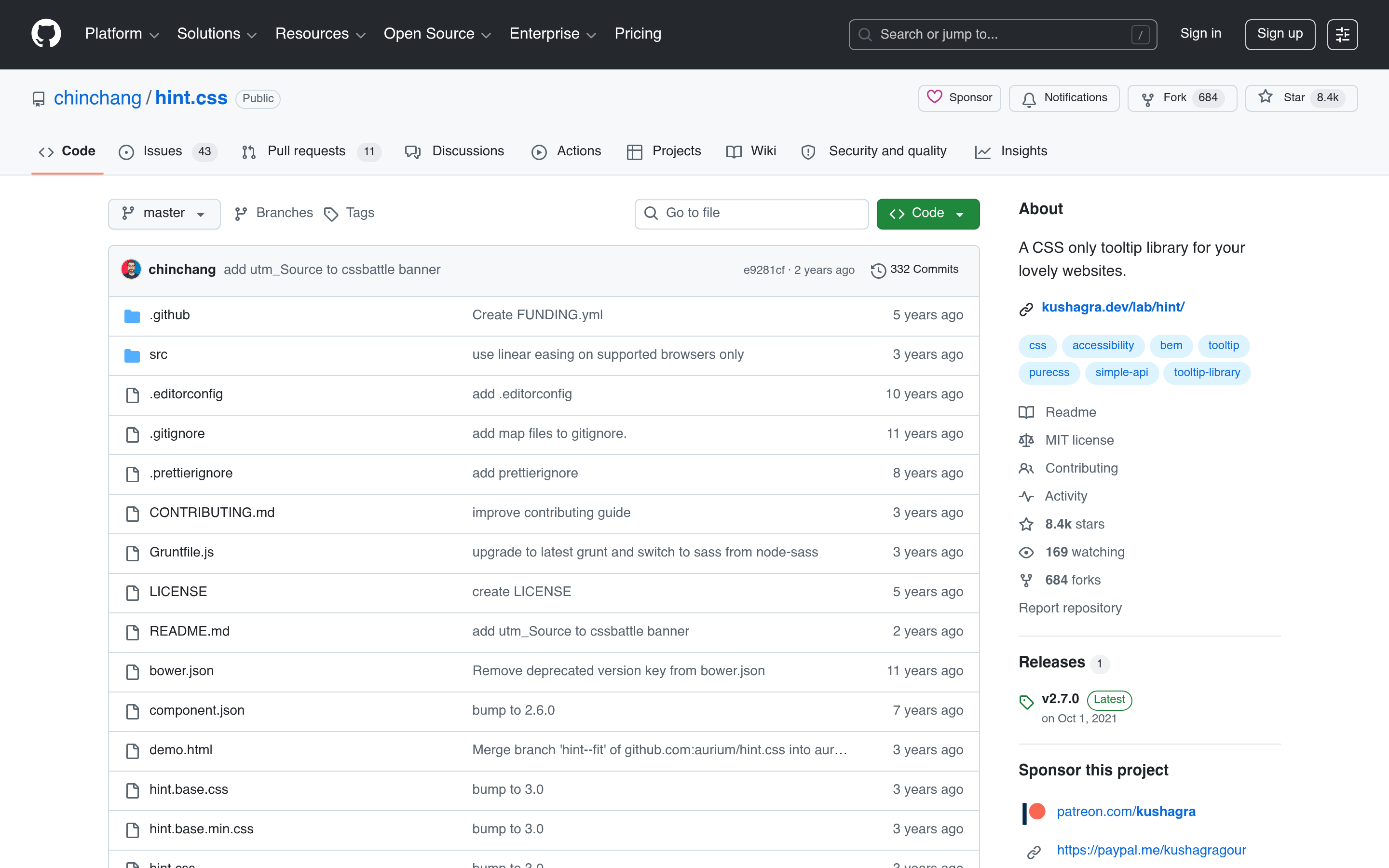 GitHub - chinchang/hint.css: A CSS only tooltip library for your lovely websites. · GitHub 介面截圖