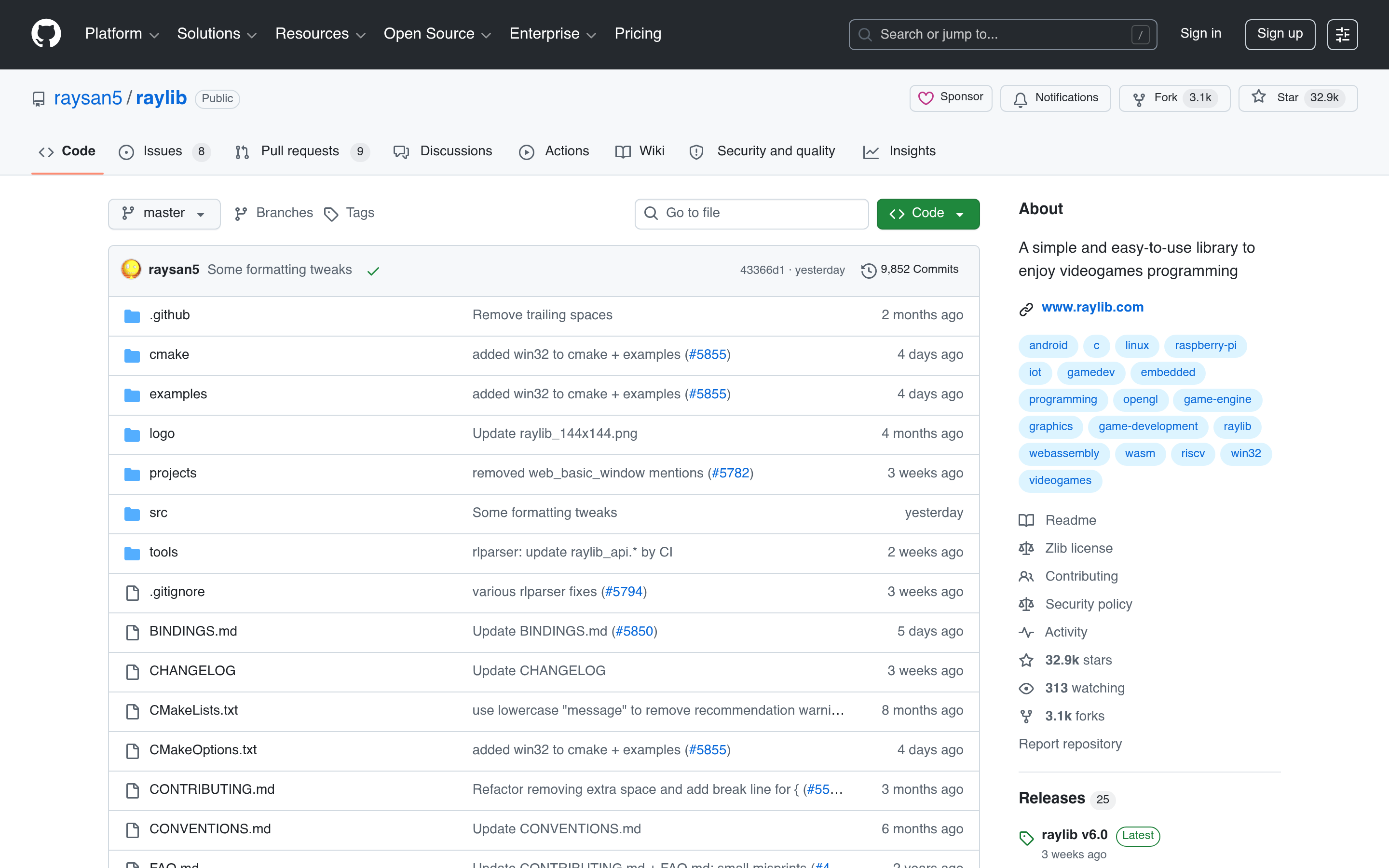 GitHub - raysan5/raylib: A simple and easy-to-use library to enjoy videogames programming · GitHub 介面截圖