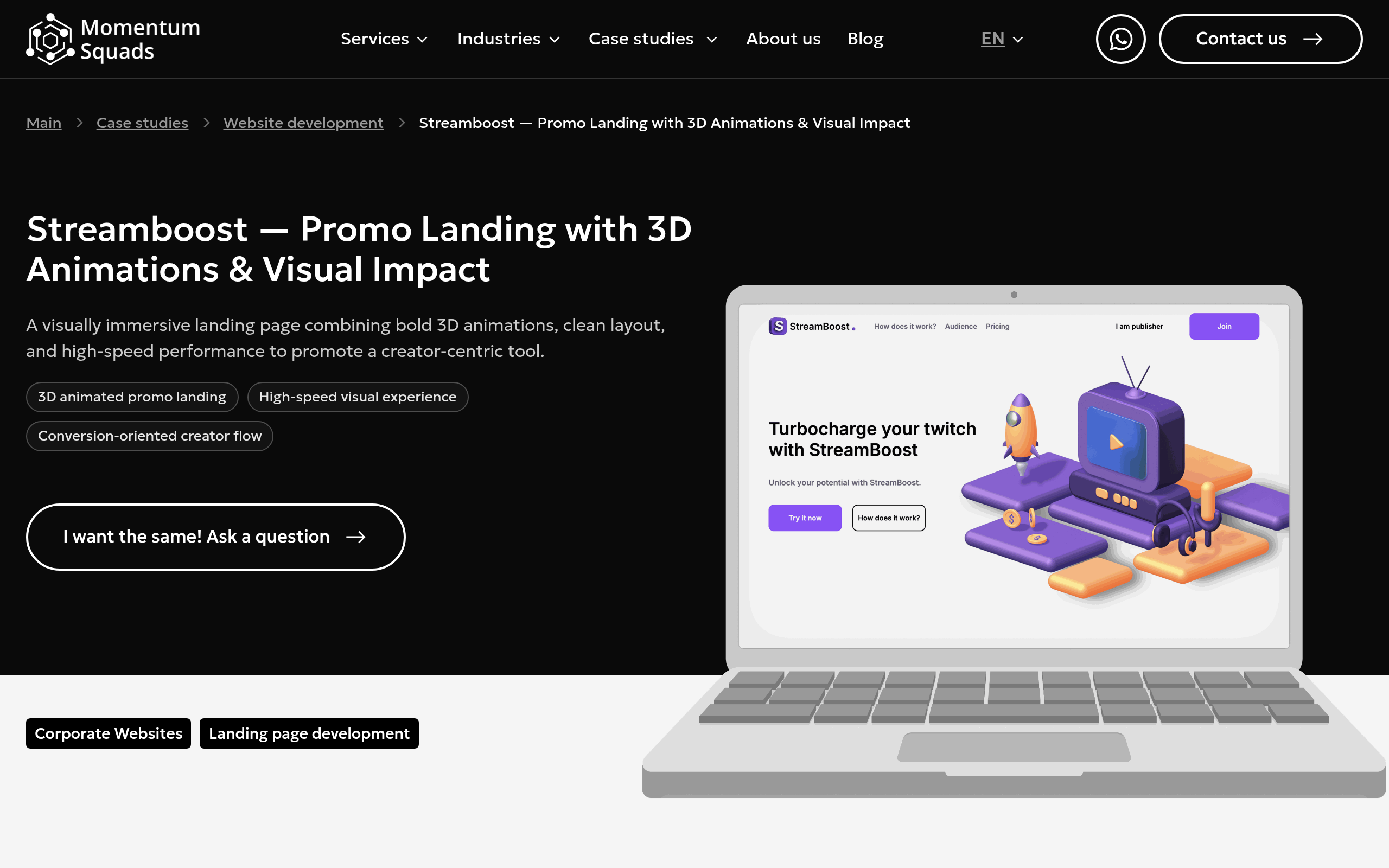 Screenshot of momentumsquads.com/cases/streamboost-case