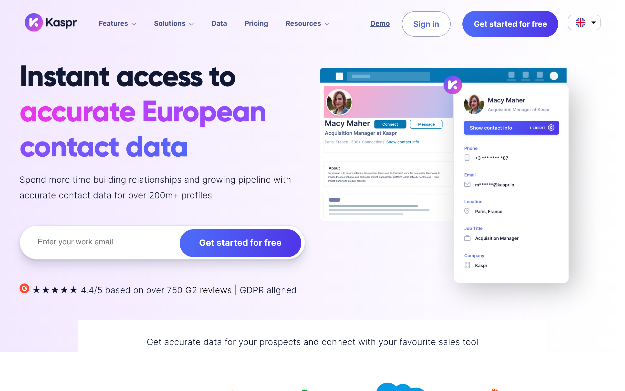 Screenshot of the Kaspr homepage