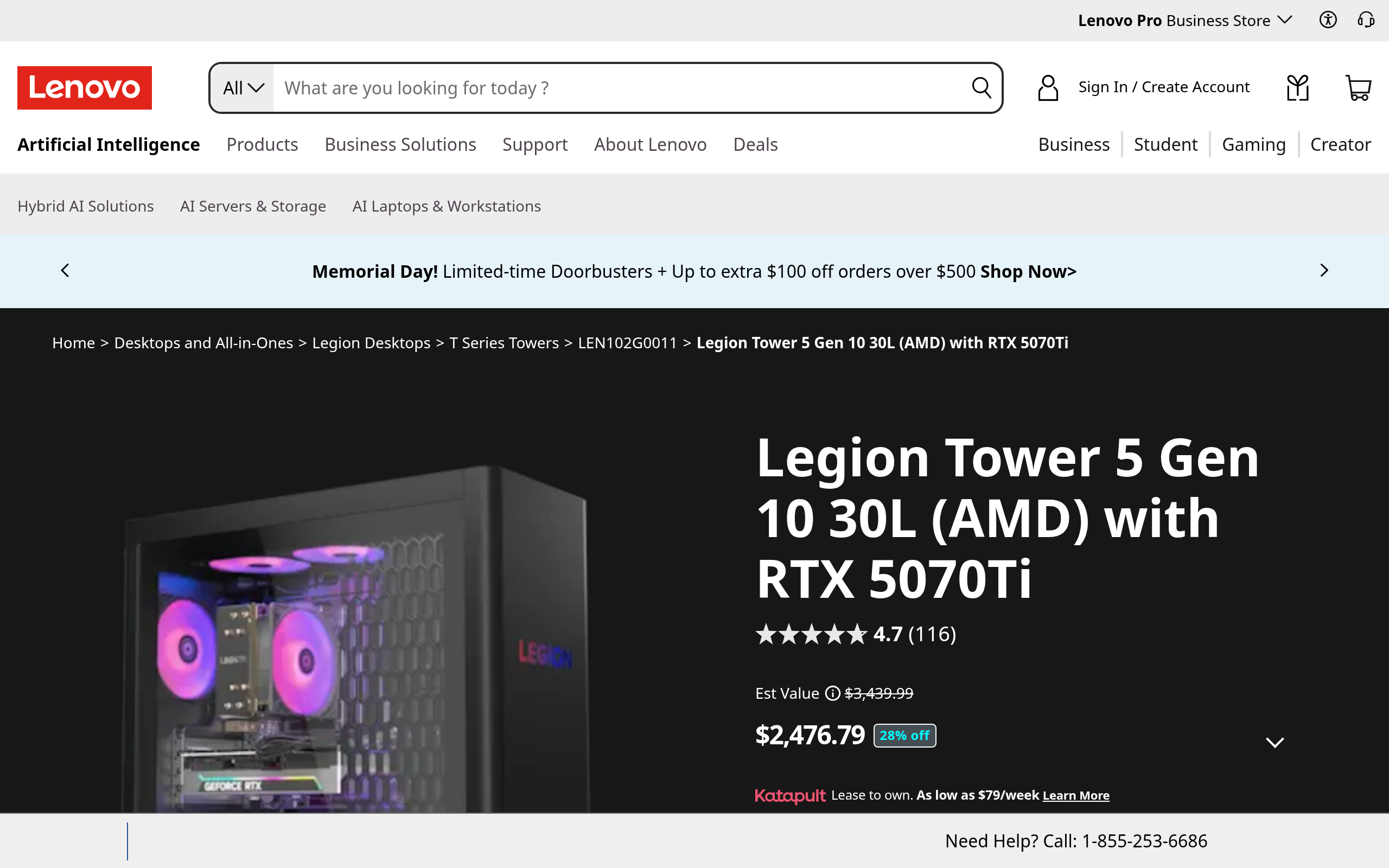 Lenovo Legion Tower 5 Gen 10 30L AMD Ryzen 7 7800X3D Gaming Desktop (32GB/1TB) with GeForce RTX 5070 Ti 76.79