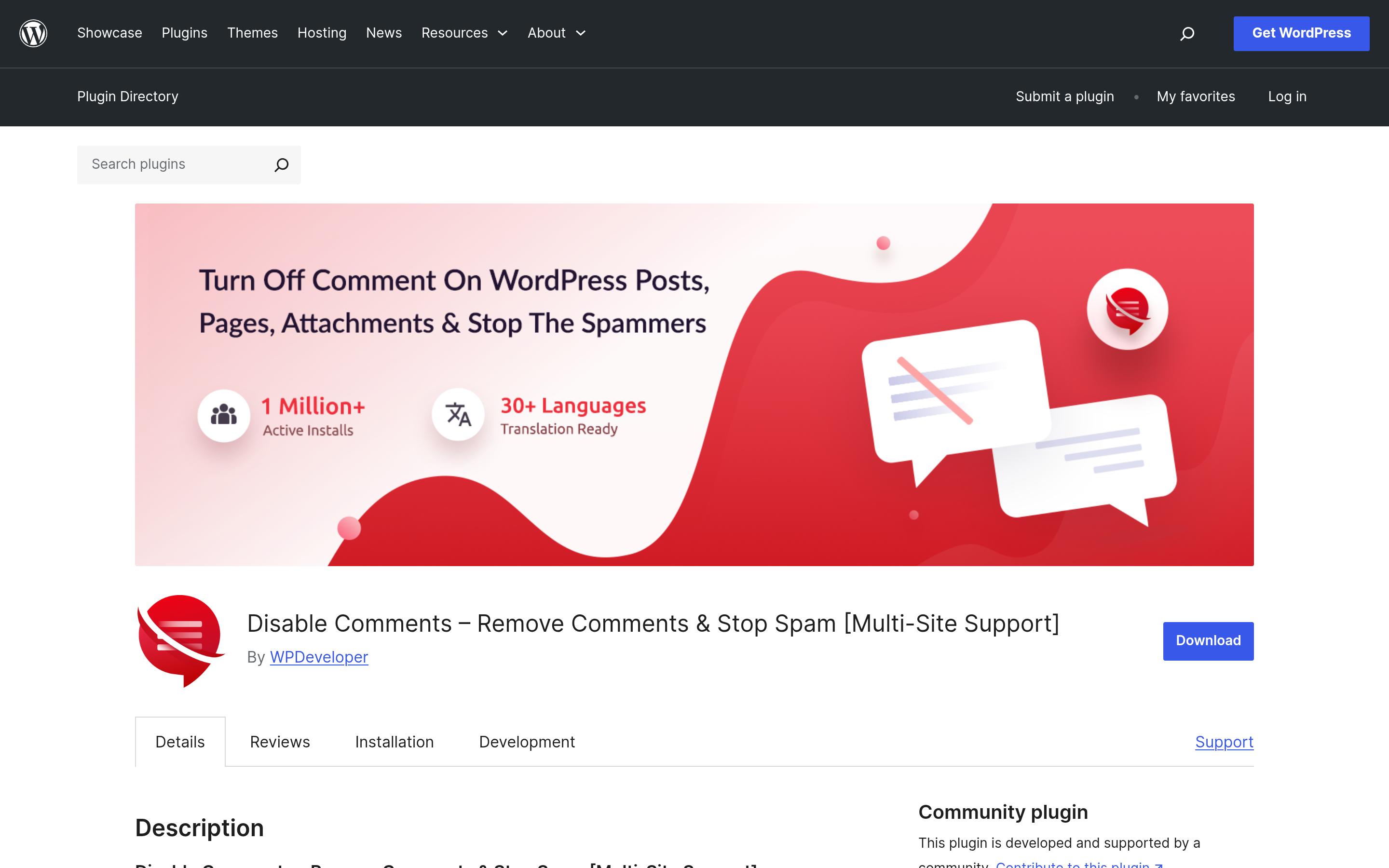 The Disable Comments plugin page on WordPress.org showing more than one million active installations