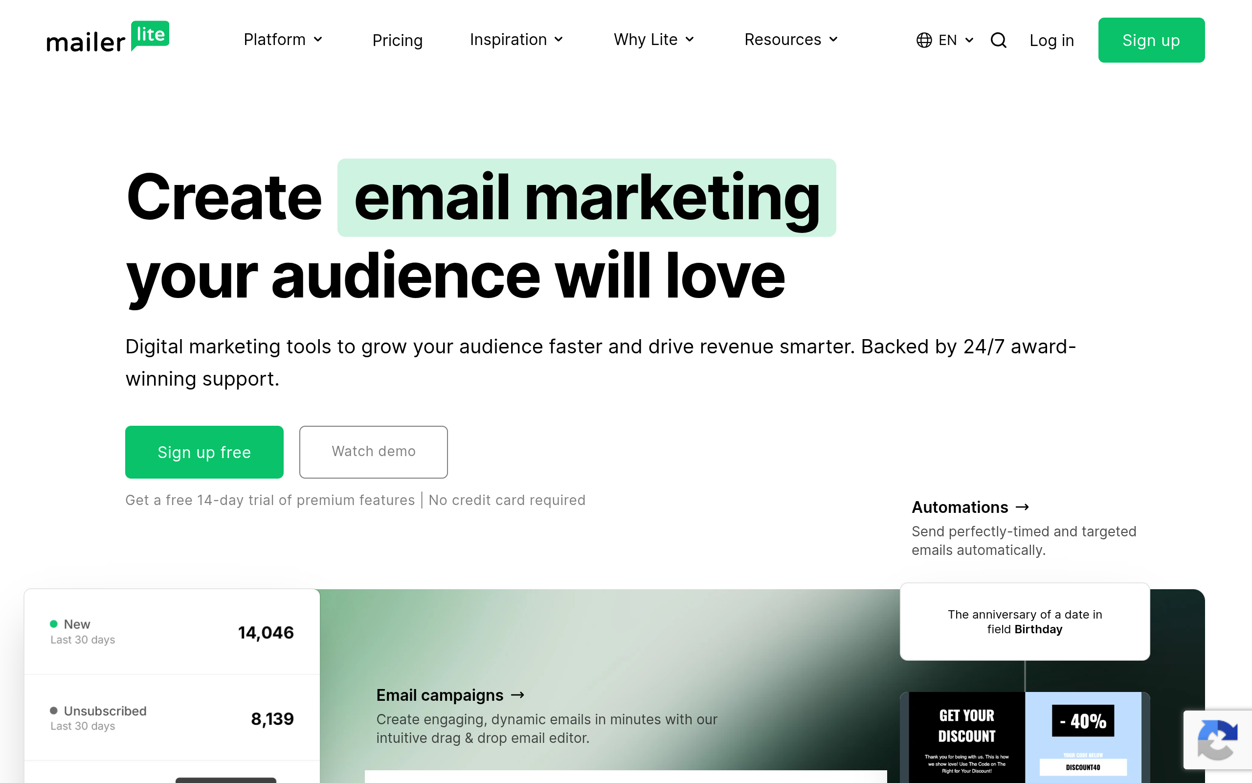 Screenshot of the MailerLite homepage