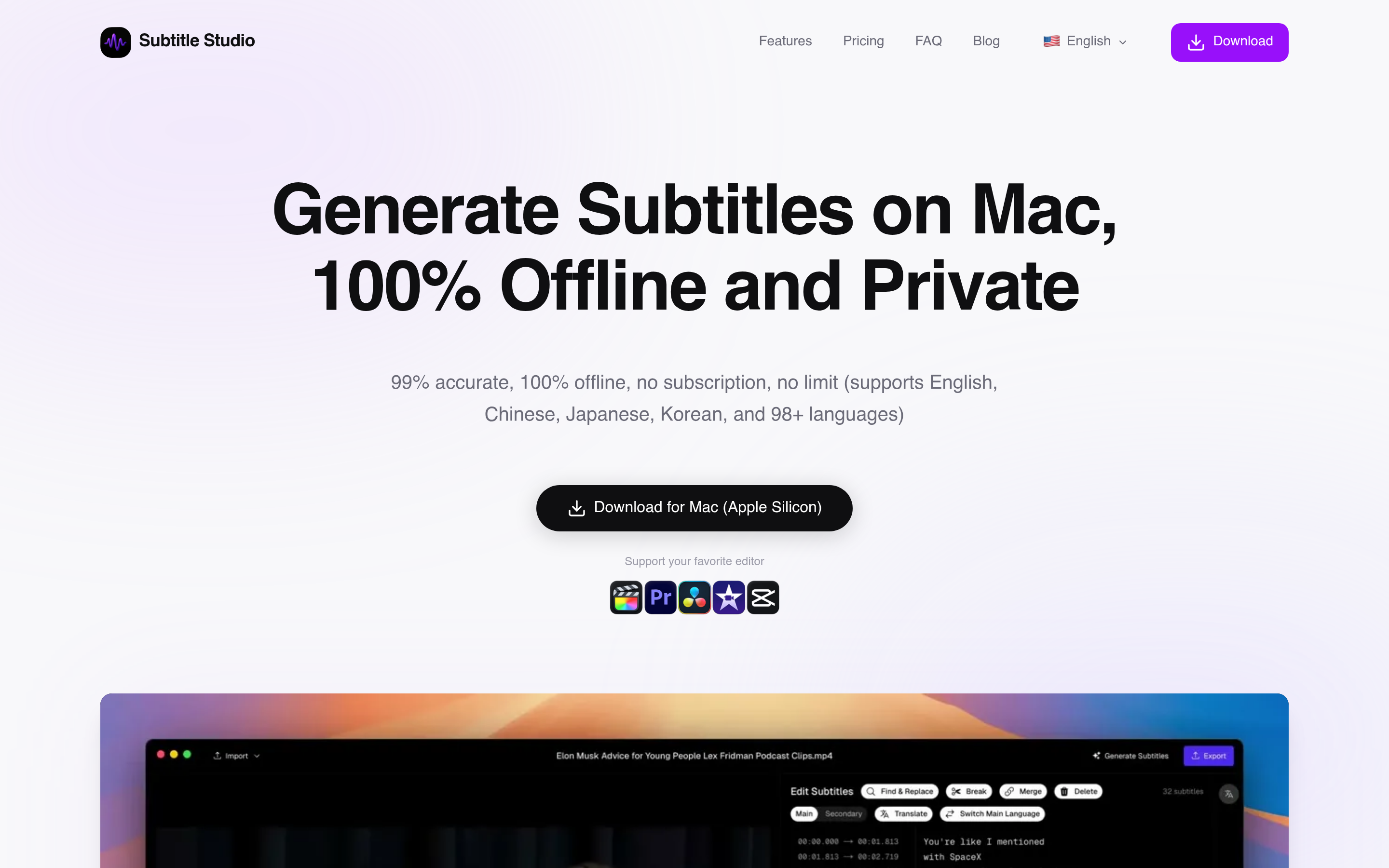 Subtitle Studio – Offline AI Subtitle Generator for Mac, No subscription 介面截圖