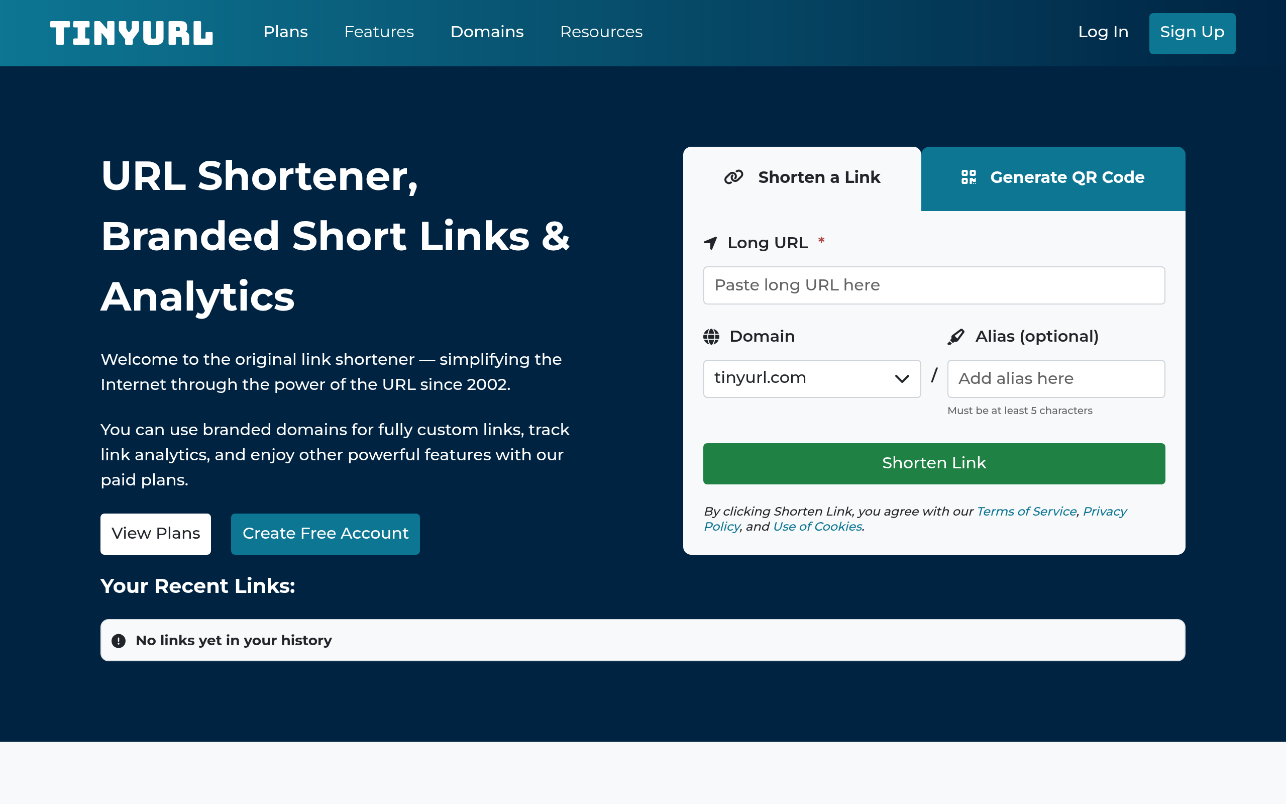 Screenshot of tinyurl.com