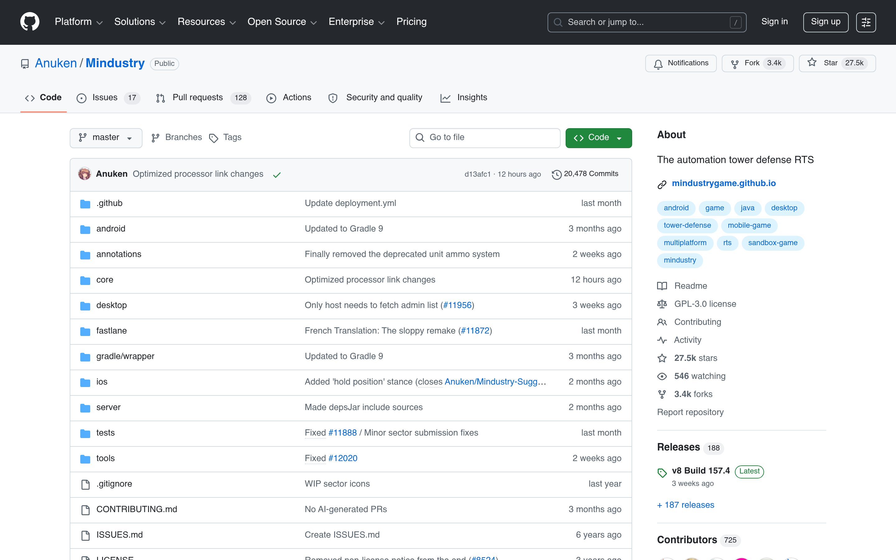 GitHub - Anuken/Mindustry: The automation tower defense RTS · GitHub 介面截圖