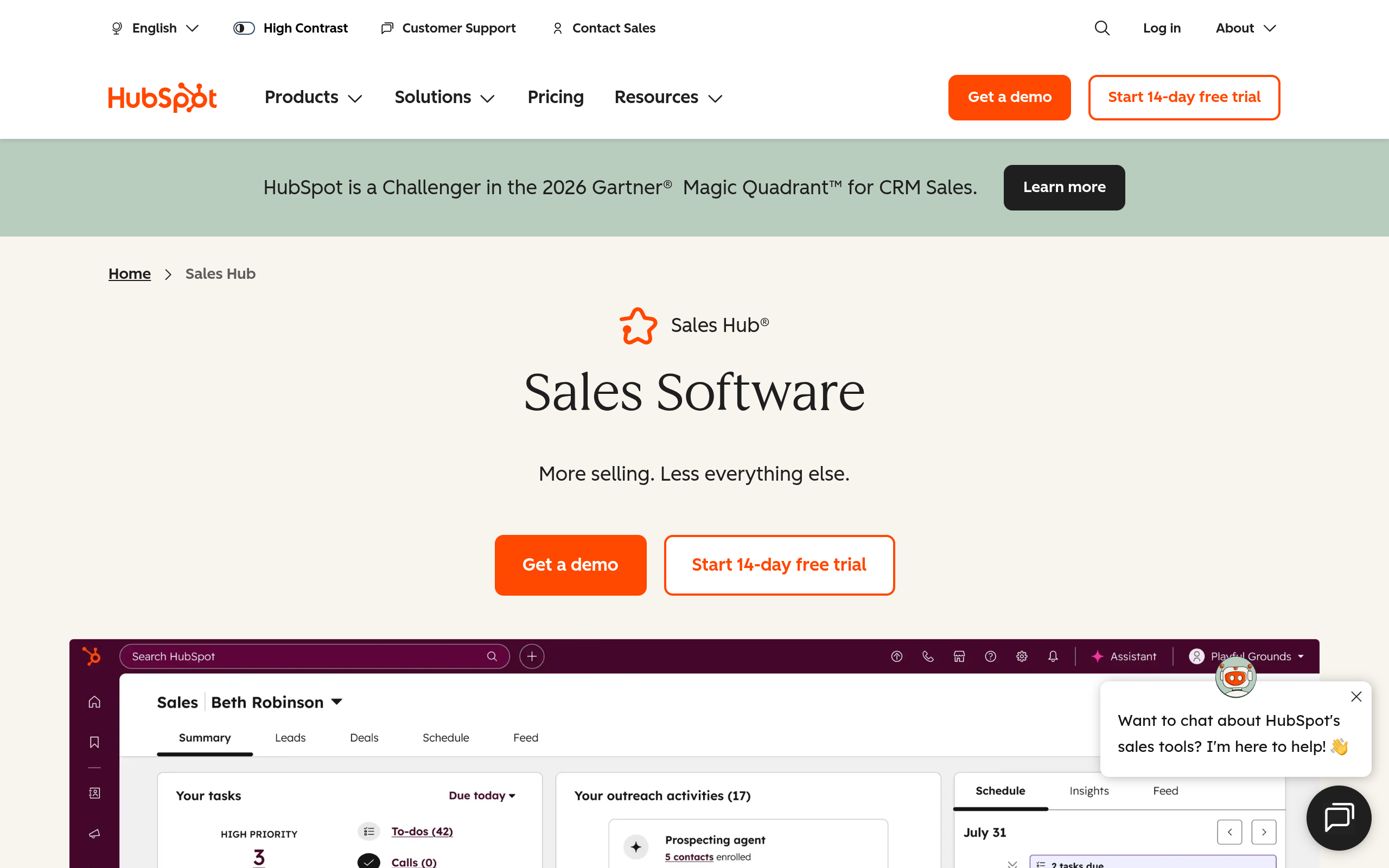 Screenshot of the HubSpot Sales Hub homepage